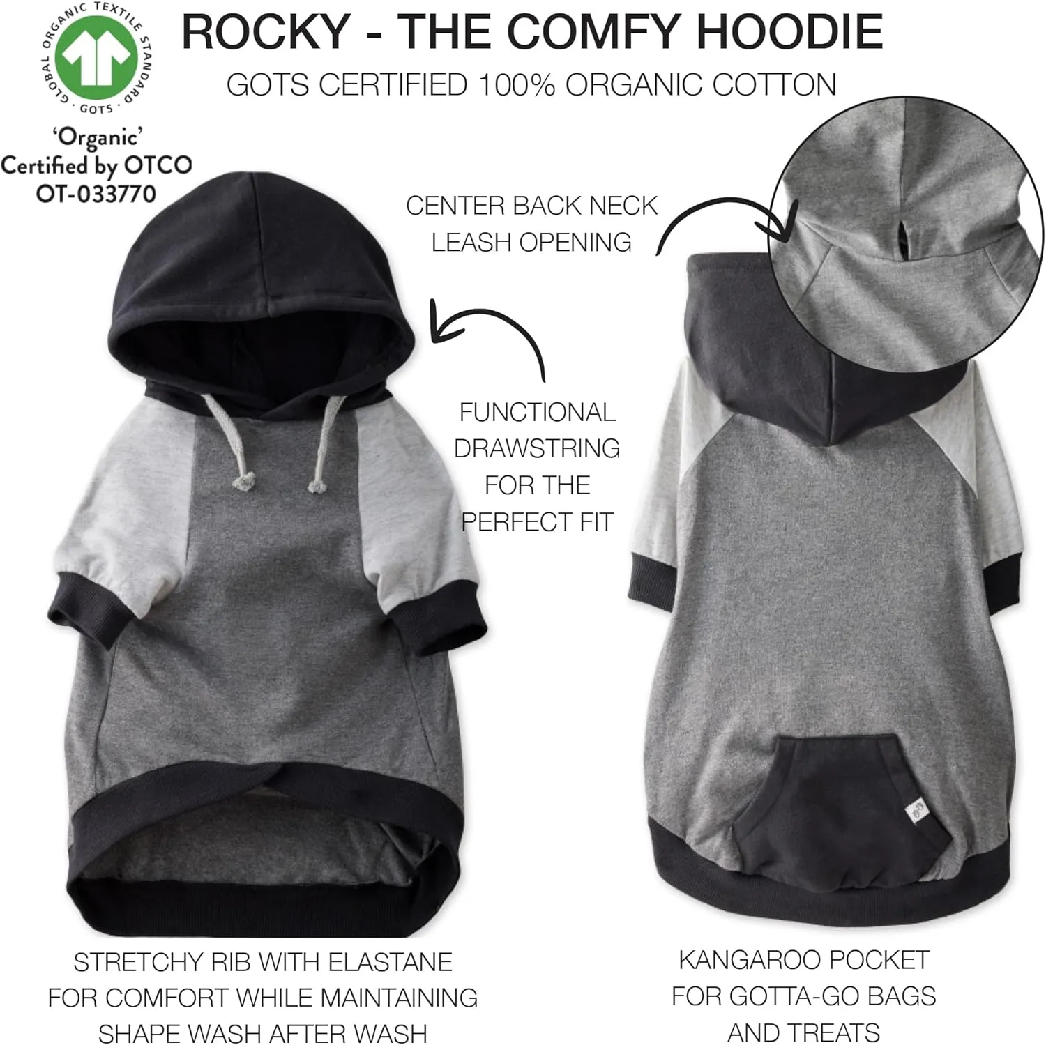 100% Organic Cotton Rocky - The Comfy Dog Hoodie Pet Coat for Small, Medium and Large Dogs, Black Color Block, Large