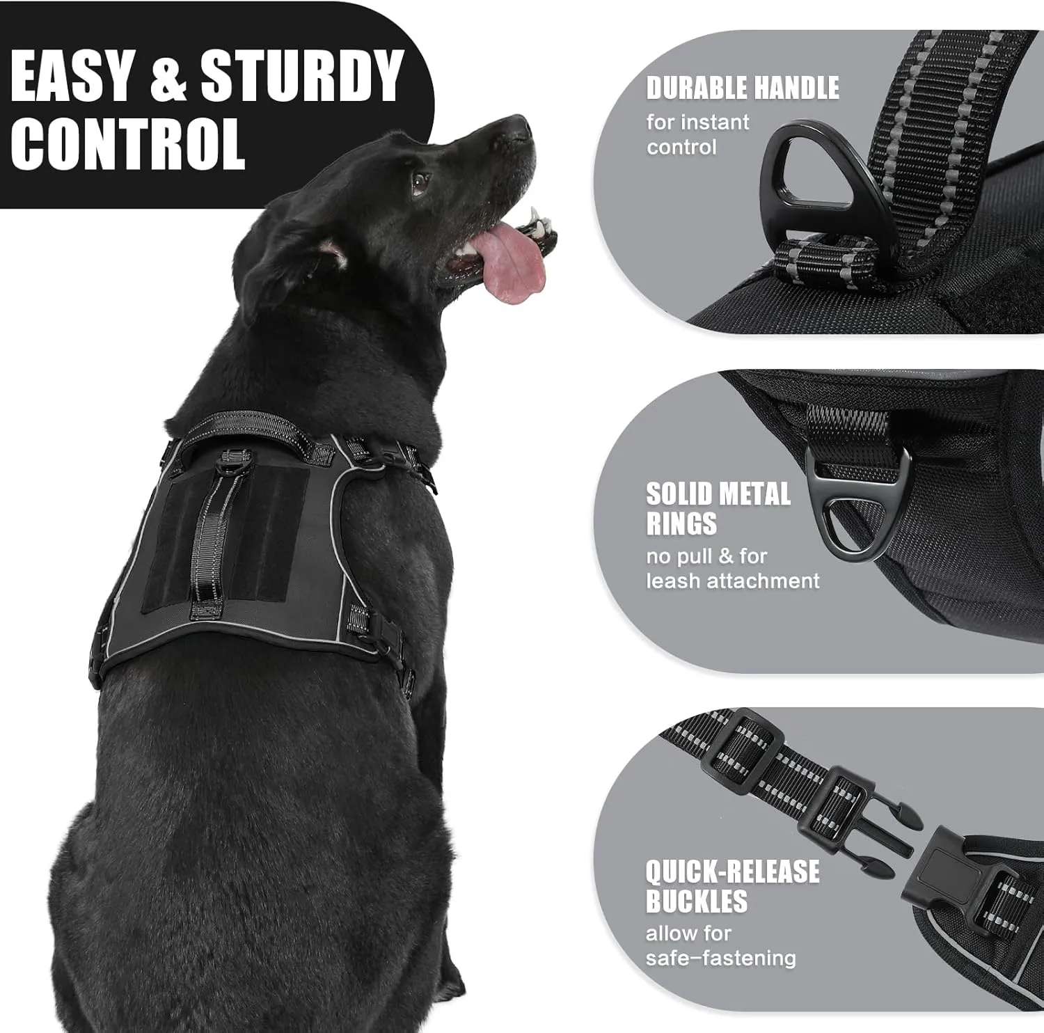 Bolux Tactical Dog Harness for Large Dogs, No Pull Adjustable, Reflective, Easy Control, Black, Large