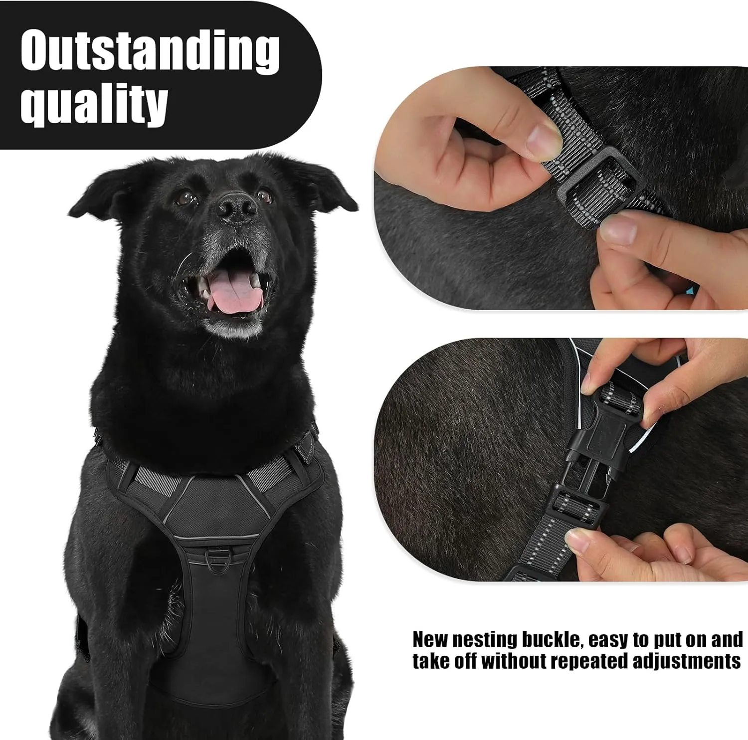 Bolux Tactical Dog Harness for Large Dogs, No Pull Adjustable, Reflective, Easy Control, Black, Large