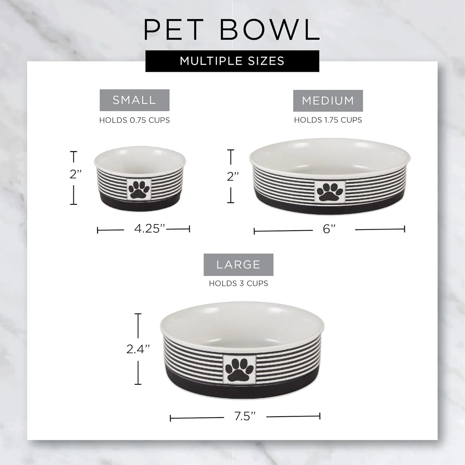 Bone Dry Ceramic Pet Bowls, Microwave & Dishwasher Safe Non-Slip Bottom for Secure Feeding with Less Mess, Small Bowl Set, 4.25x2, Taupe/Black, 2 Count (Pack of 3)