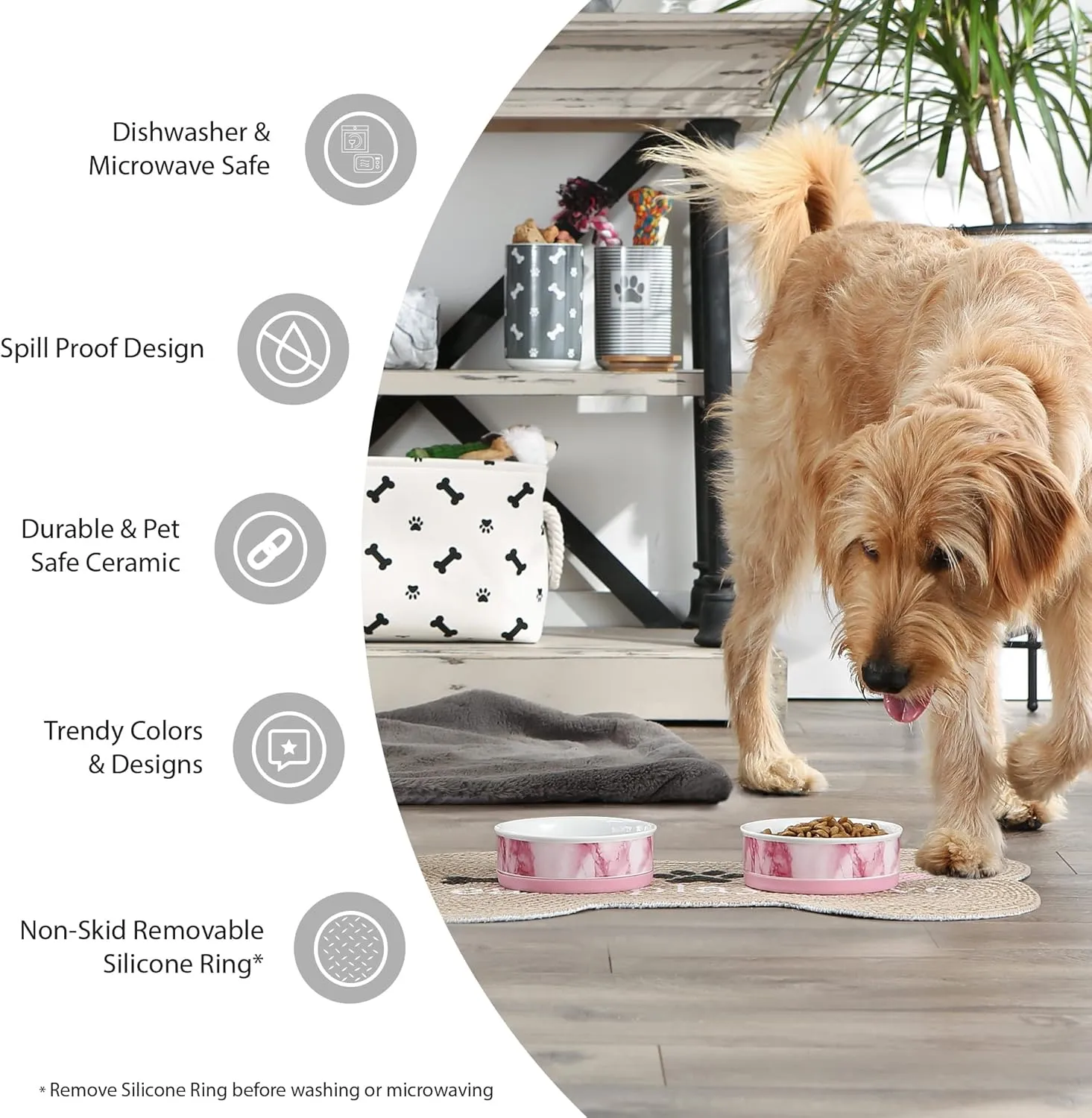 Bone Dry Ceramic Pet Bowls, Microwave & Dishwasher Safe Non-Slip Bottom for Secure Feeding with Less Mess, Small Bowl Set, 4.25x2, Taupe/Black, 2 Count (Pack of 3)