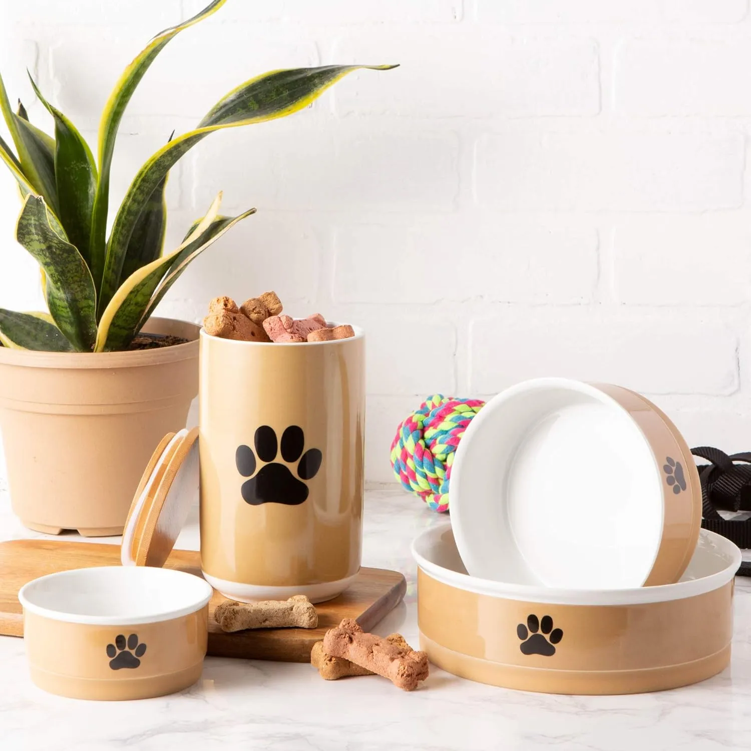 Bone Dry Ceramic Pet Bowls, Microwave & Dishwasher Safe Non-Slip Bottom for Secure Feeding with Less Mess, Small Bowl Set, 4.25x2, Taupe/Black, 2 Count (Pack of 3)