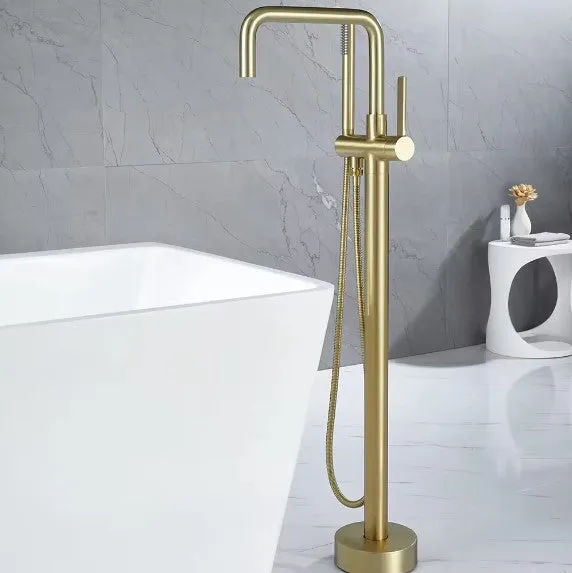 BYREL|FREESTANDING BATHTUB FAUCET BRUSHED GOLD SINGLE HANDLE BRAASS BATH TUB FILLER WITH HAND SHOWER