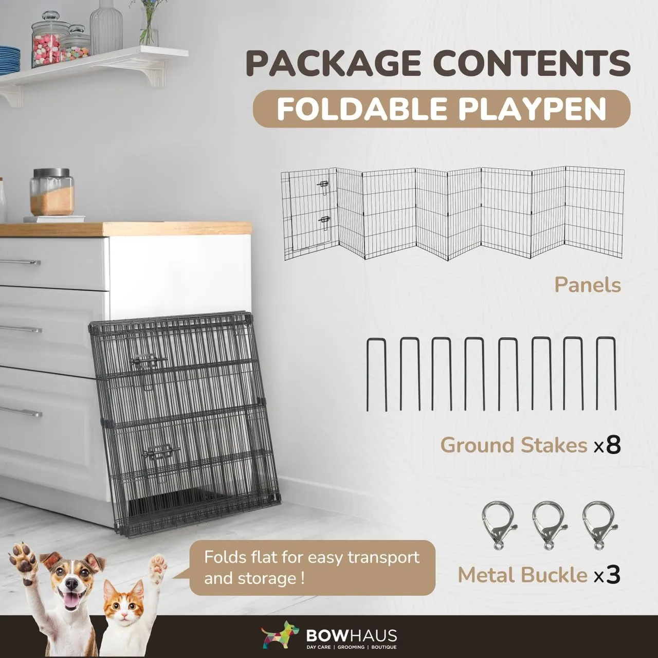 CAPHAUS 24 Inch Height Small Bold Metal Foldable Heavy-Duty Pet Playpen with Door, 8 Panels Included, Indoor/Outdoor Portable Kennel for Dogs/Animals, Exercise Fence Cage for Yard, RV, Camping