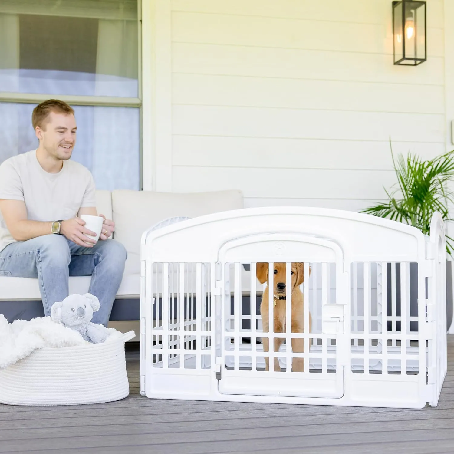 Carlson 4-Panel Plastic Pet Pen  Portable, Secure, and Easy-to-Use Playpen for Small Pets | 24" Tall, White, Includes Door and Lock, Ideal for Small Pets, Whelping and Indoor/Outdoor Use