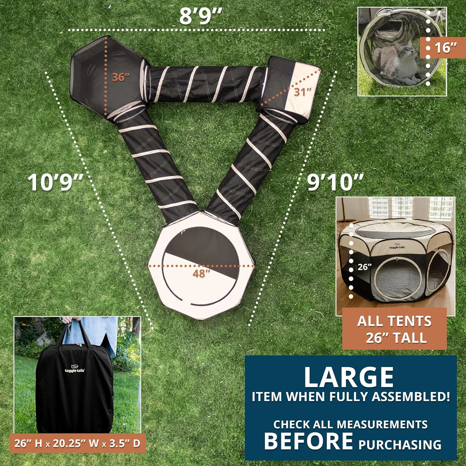 Cat Tents & Tunnels - Large Indoor-Outdoor Cat Playpen Enclosure for Indoor Cats, Dogs, Kittens, Puppies, Ferrets, Bunnies & Small Animals - Enclosed Cat Run Tunnels, Catio, Condo