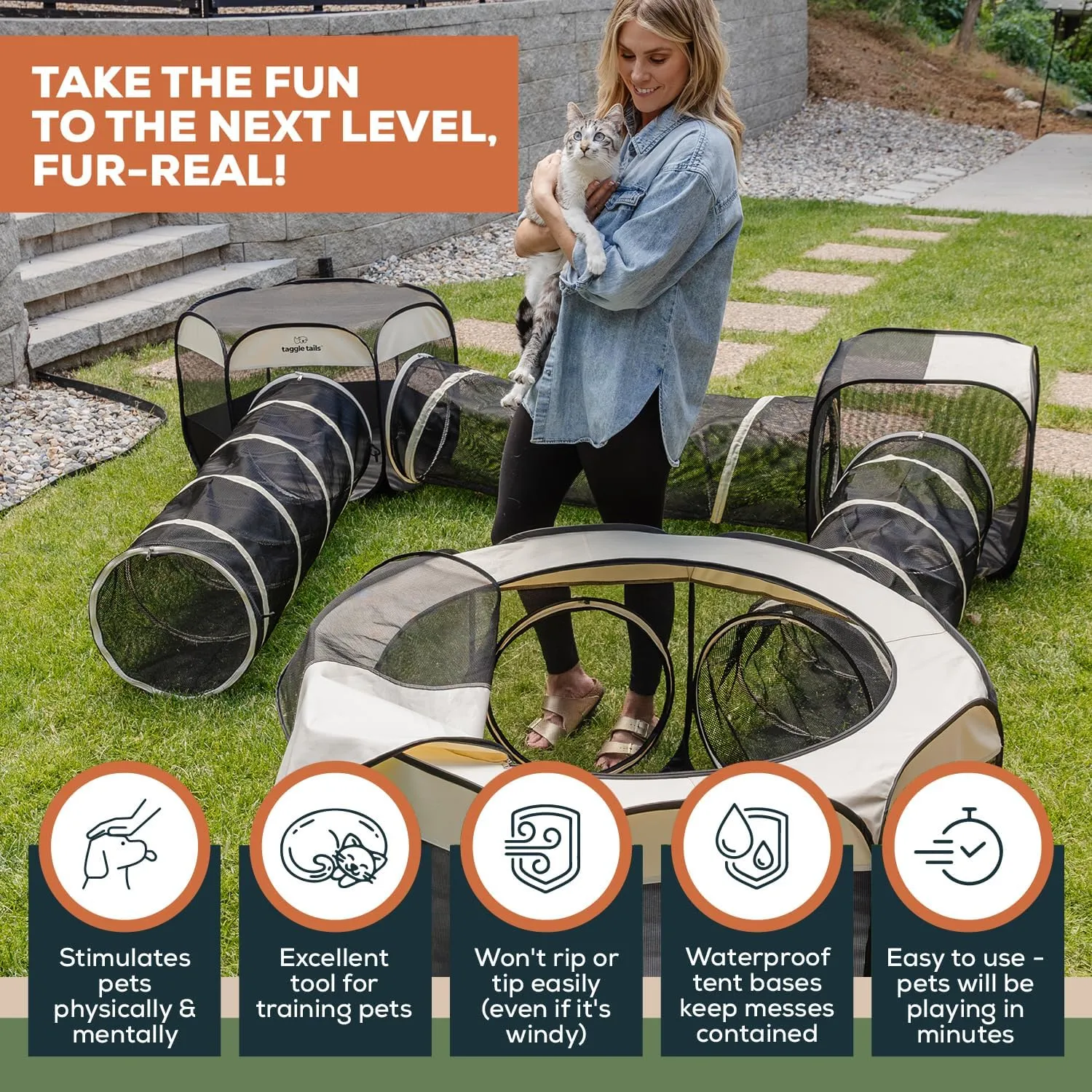 Cat Tents & Tunnels - Large Indoor-Outdoor Cat Playpen Enclosure for Indoor Cats, Dogs, Kittens, Puppies, Ferrets, Bunnies & Small Animals - Enclosed Cat Run Tunnels, Catio, Condo