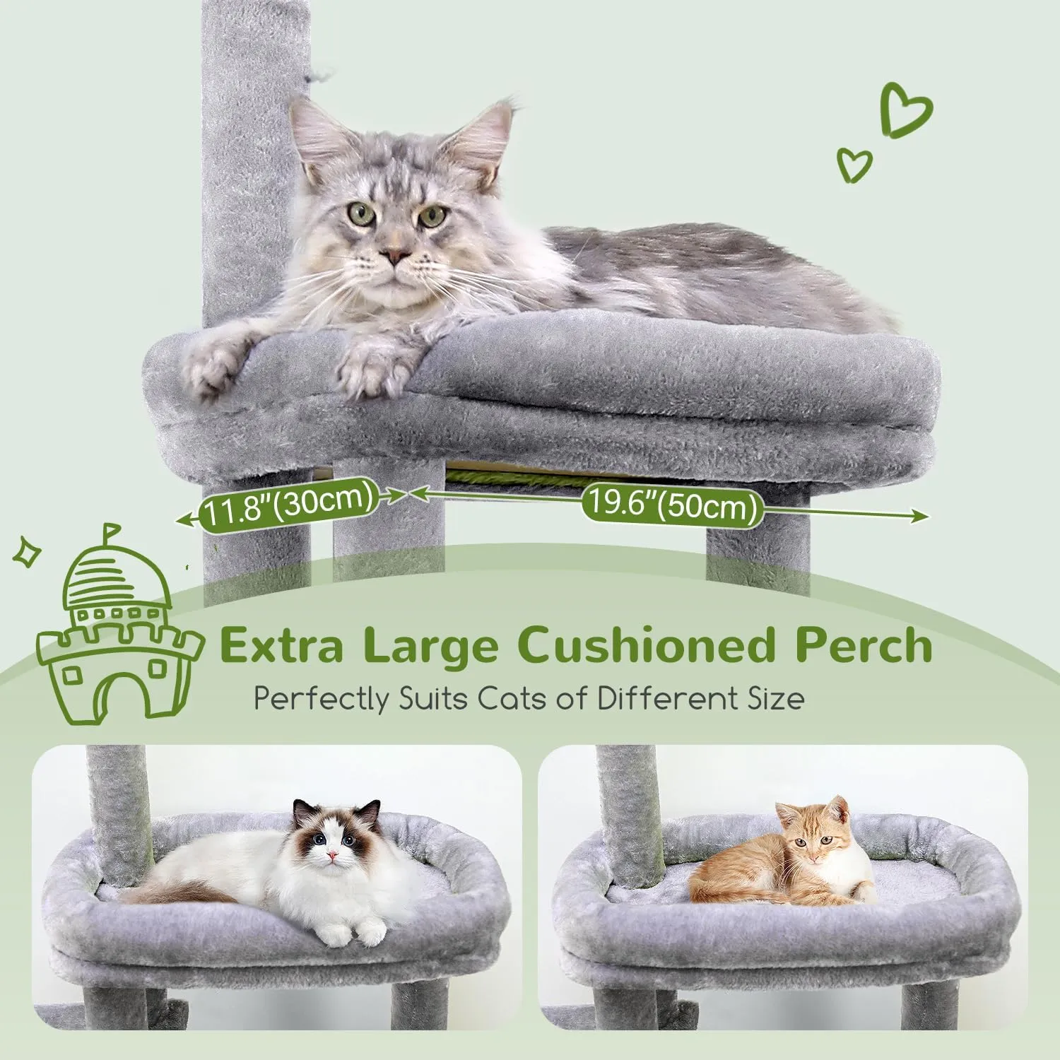Cat Tower for Indoor Adult Cats, 50-inch Heavy Duty Cat Tree for Big Cats, Cat Tree House with Extra-Large Padded Platform, Sisal Scratching Board, 2 Large Condos, F50, Light Grey