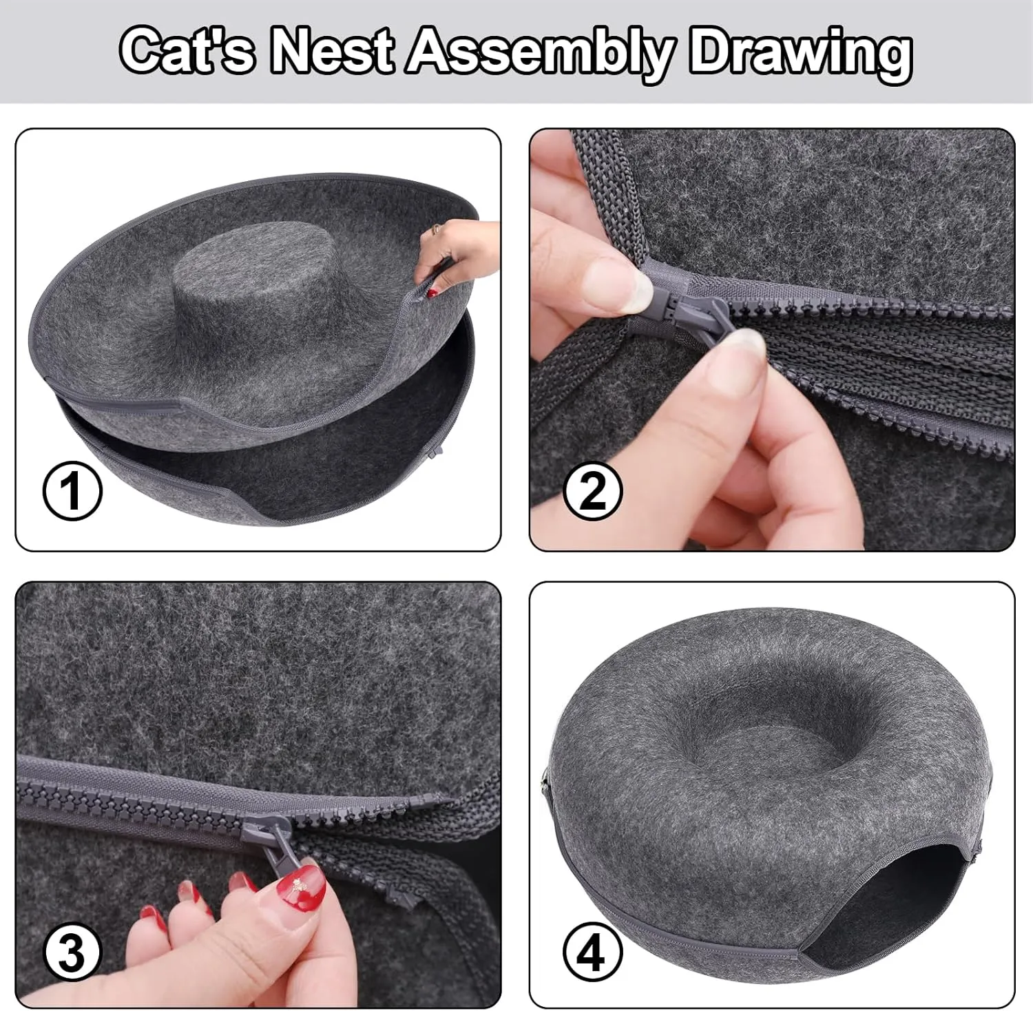 Cat Tunnel,Peekaboo Cave Bed for Indoor Cats,Donut Tunnel for Pet Cat House,Detachable Round Felt & Washable Interior Play Tunnel(24 Inch, Dark Grey)