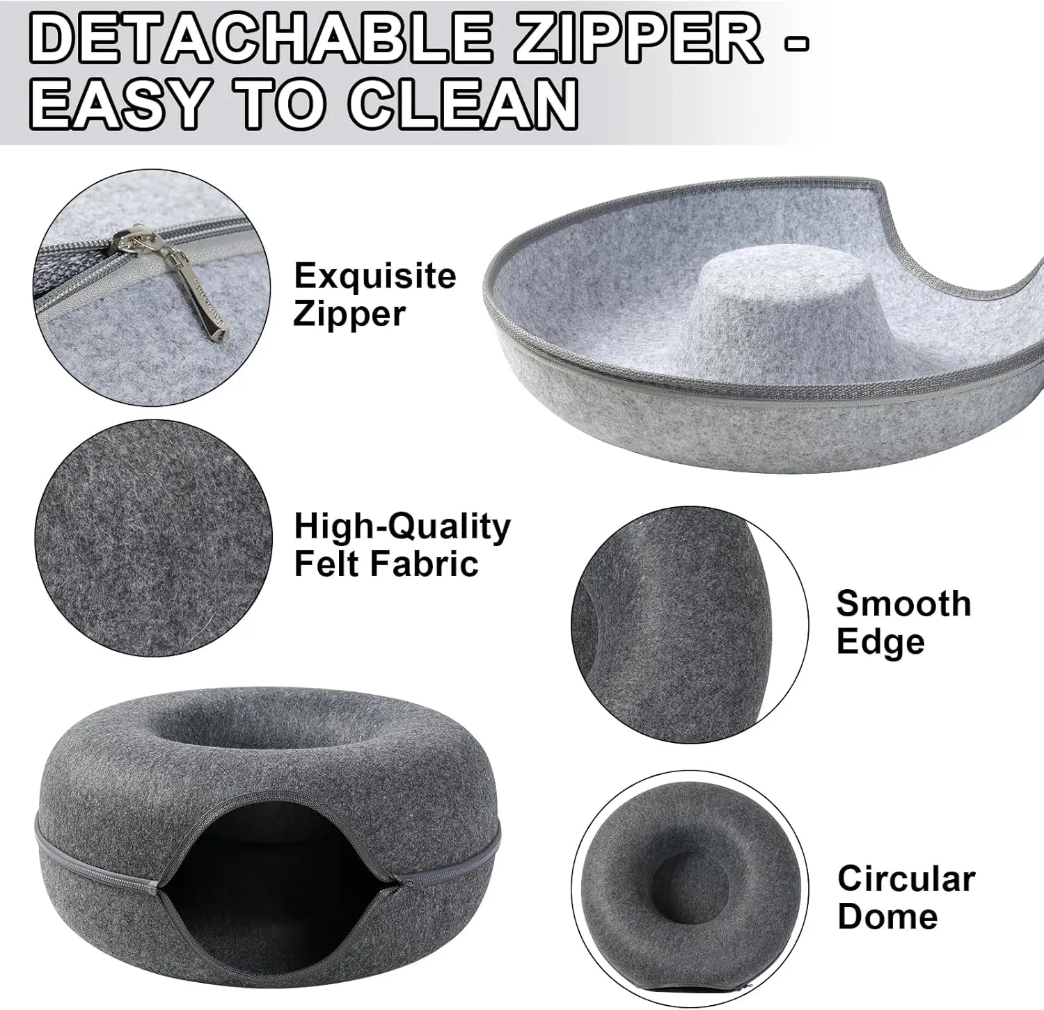 Cat Tunnel,Peekaboo Cave Bed for Indoor Cats,Donut Tunnel for Pet Cat House,Detachable Round Felt & Washable Interior Play Tunnel(24 Inch, Dark Grey)