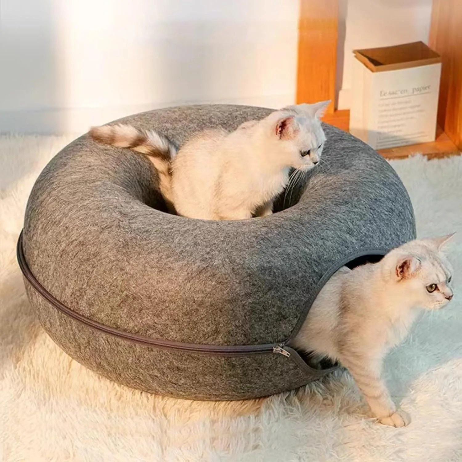 Cat Tunnel,Peekaboo Cave Bed for Indoor Cats,Donut Tunnel for Pet Cat House,Detachable Round Felt & Washable Interior Play Tunnel(24 Inch, Dark Grey)