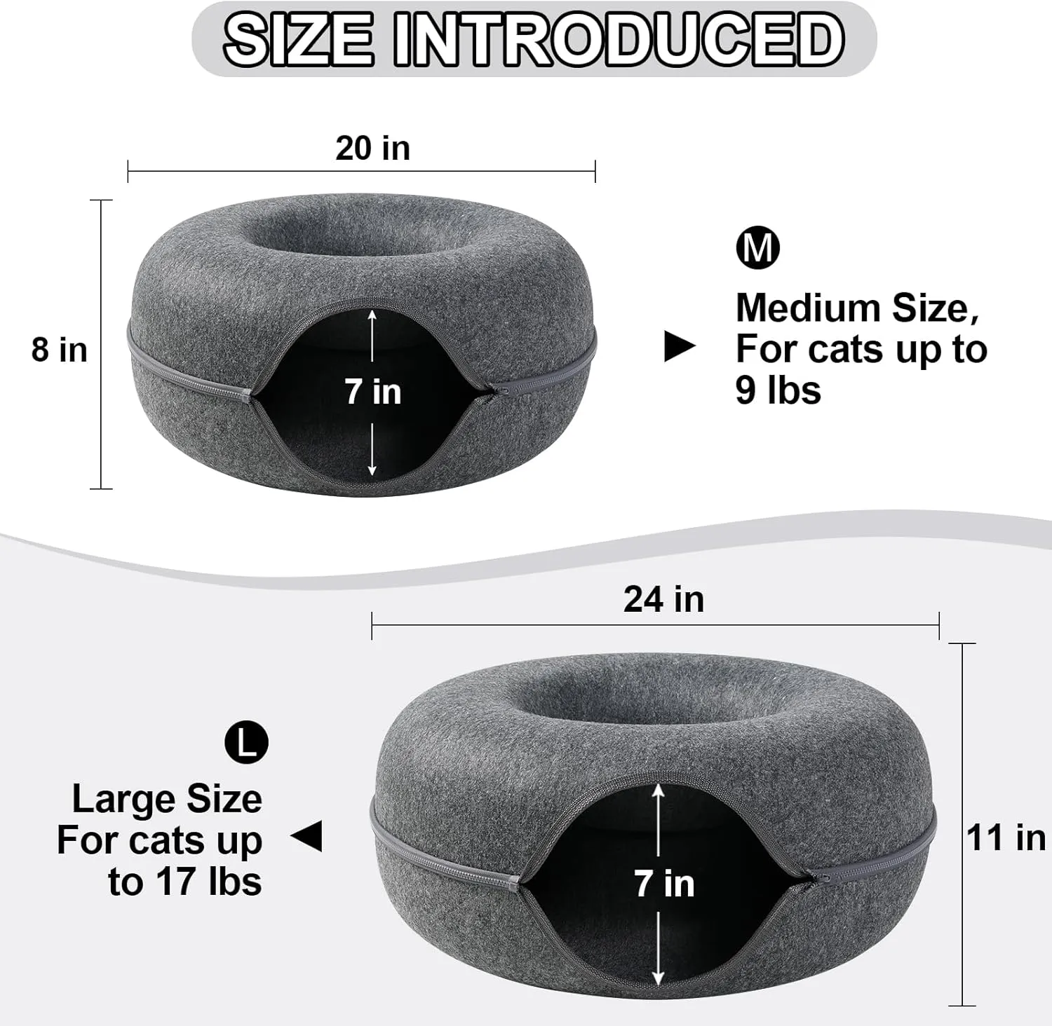 Cat Tunnel,Peekaboo Cave Bed for Indoor Cats,Donut Tunnel for Pet Cat House,Detachable Round Felt & Washable Interior Play Tunnel(24 Inch, Dark Grey)