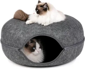 Cat Tunnel,Peekaboo Cave Bed for Indoor Cats,Donut Tunnel for Pet Cat House,Detachable Round Felt & Washable Interior Play Tunnel(24 Inch, Dark Grey)