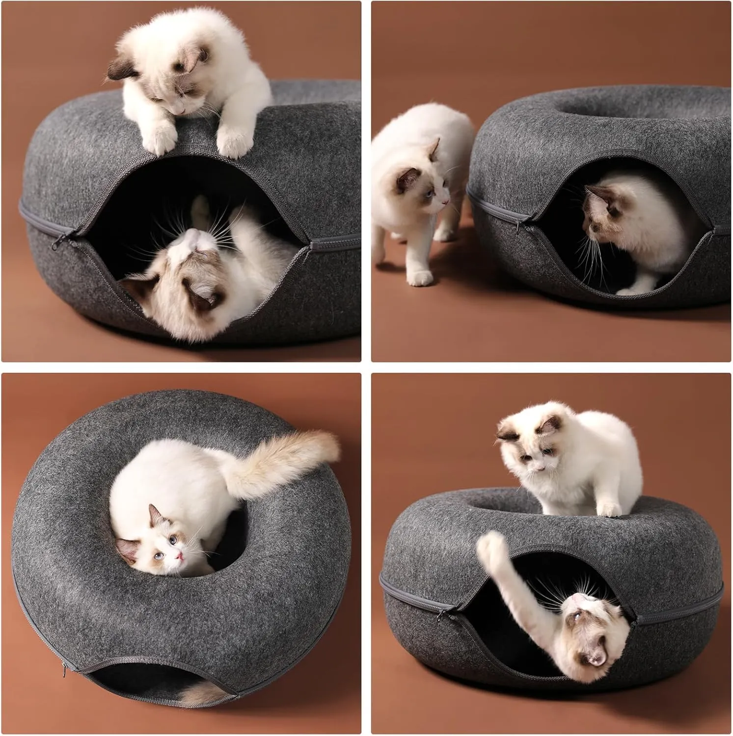 Cat Tunnel,Peekaboo Cave Bed for Indoor Cats,Donut Tunnel for Pet Cat House,Detachable Round Felt & Washable Interior Play Tunnel(24 Inch, Dark Grey)