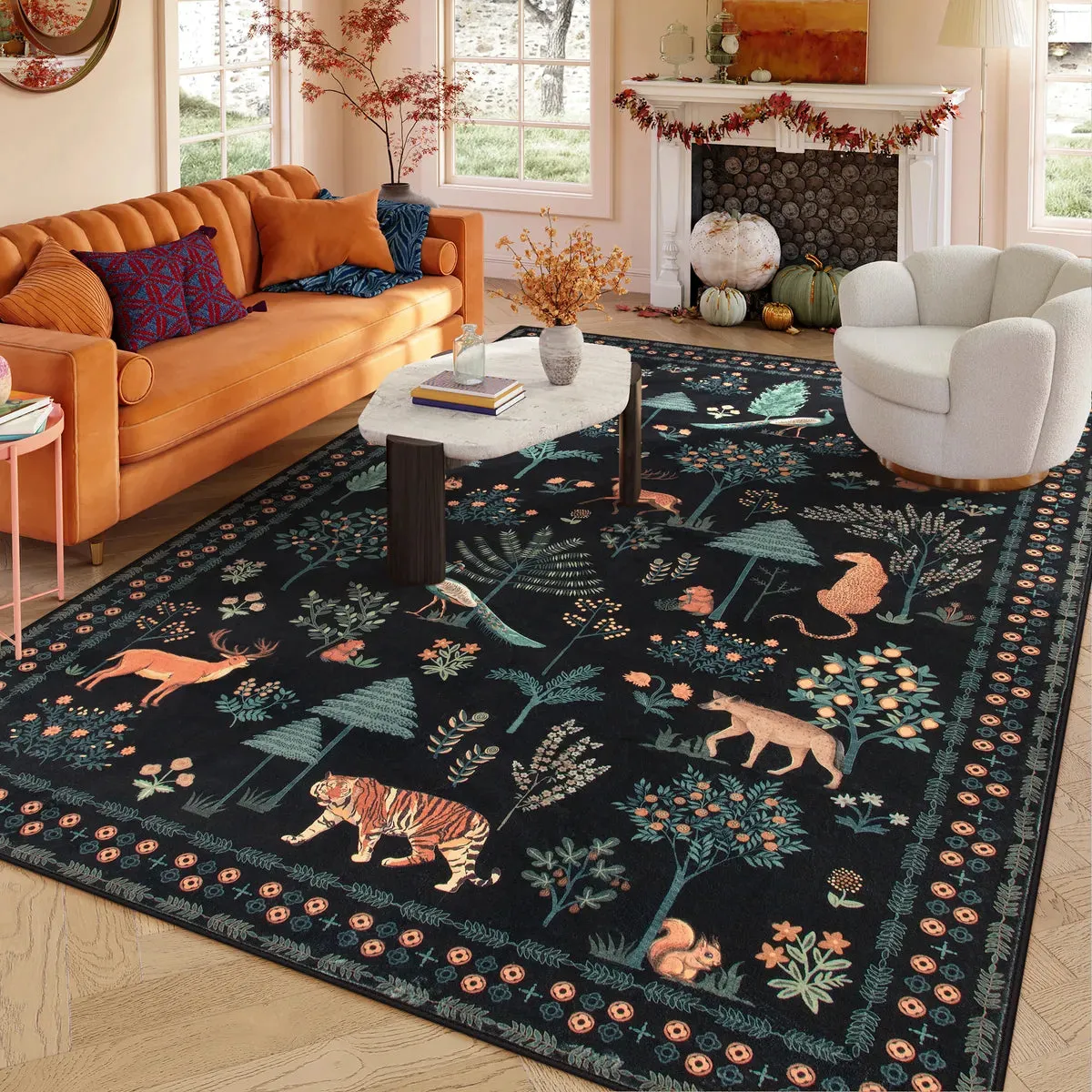 Cora Modern Vibrant Jungle Animals Black Area Rug