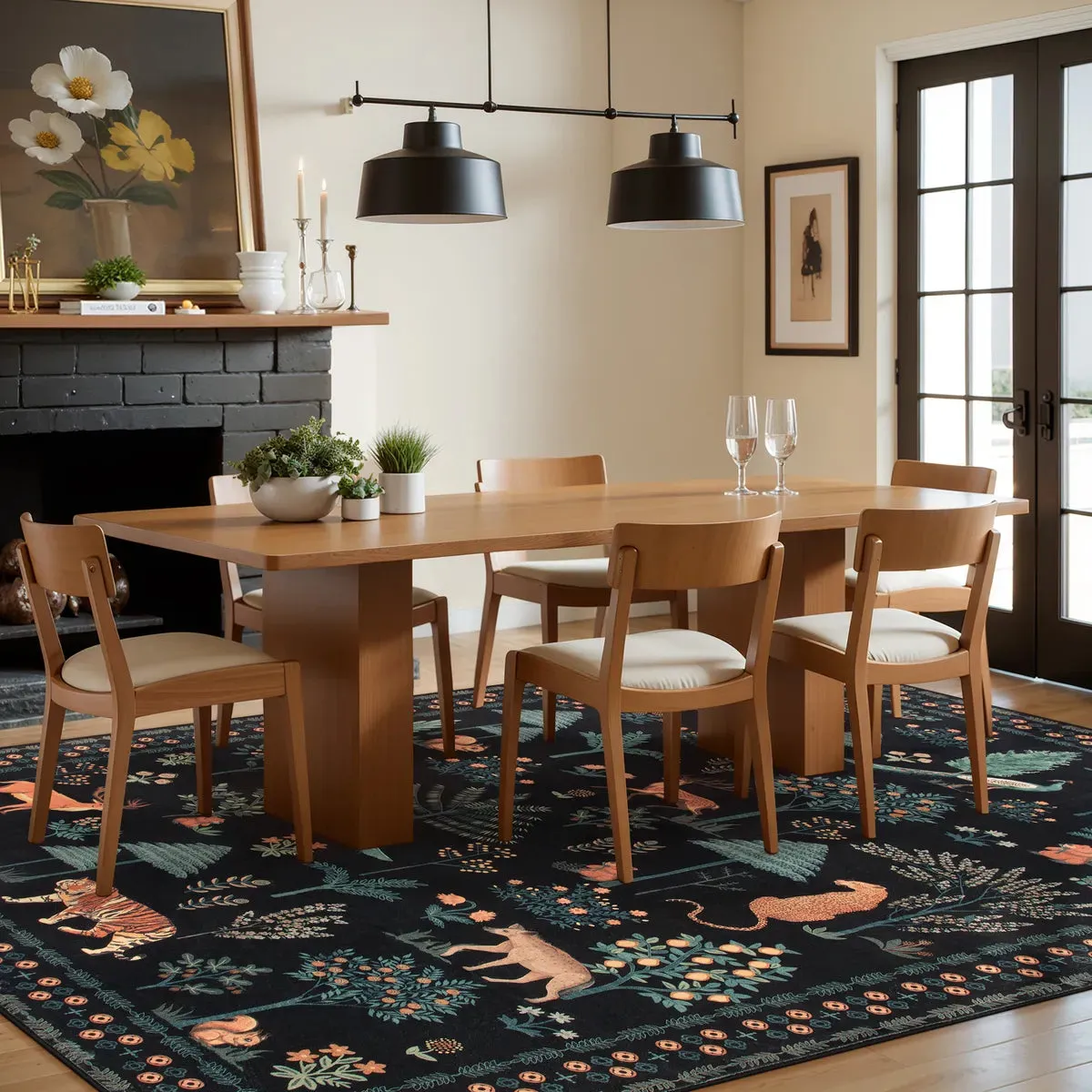Cora Modern Vibrant Jungle Animals Black Area Rug