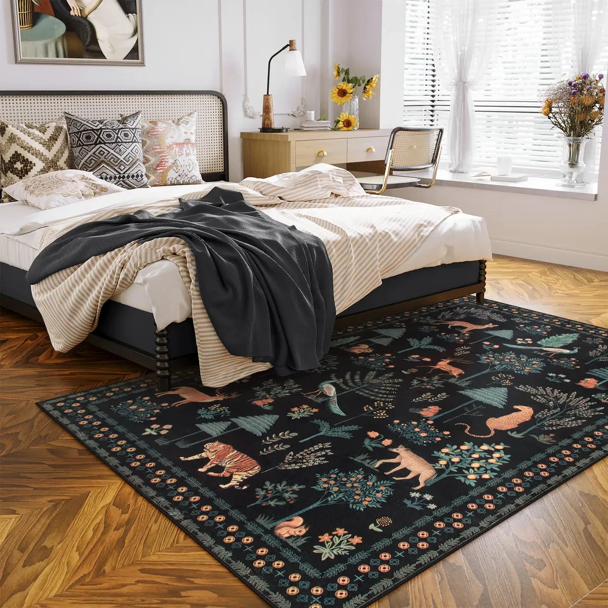 Cora Modern Vibrant Jungle Animals Black Area Rug