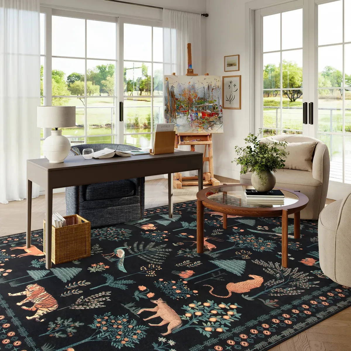 Cora Modern Vibrant Jungle Animals Black Area Rug