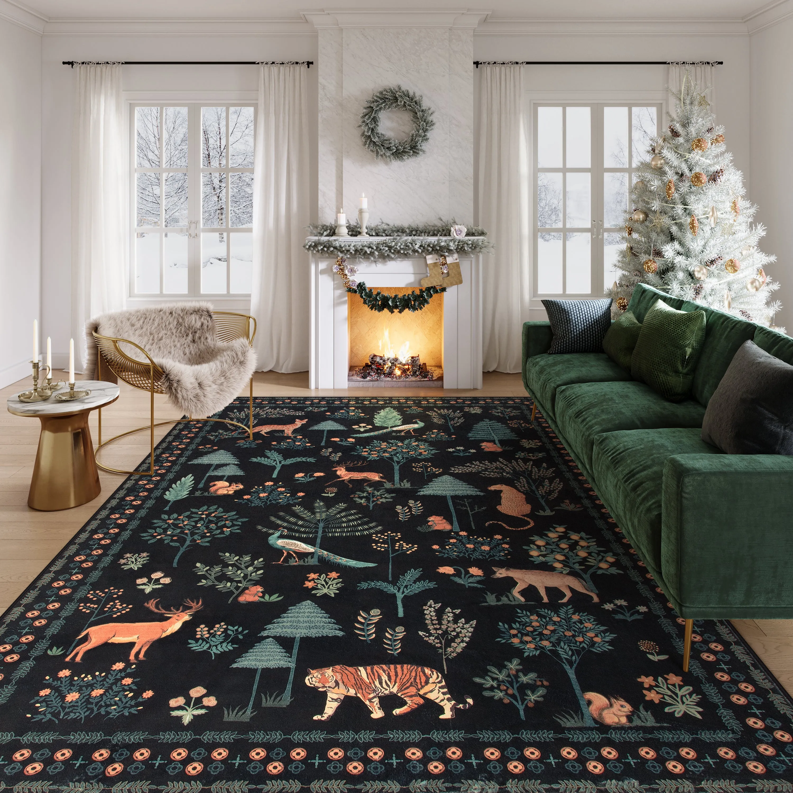 Cora Modern Vibrant Jungle Animals Black Area Rug