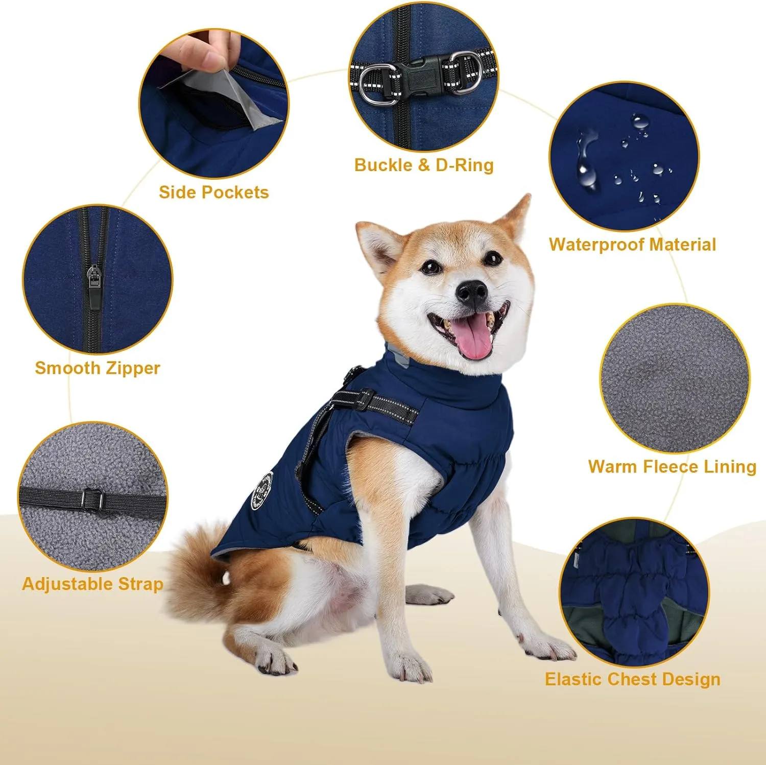 Dog Coat: Warm Dog Jacket Dog Winter Coat - Dog Fleece Jacket with Harness Built in, Dog Cold Weather Coat with Reflective Stripes, Waterproof Dog Vest, Dog Coats for Small Medium Large Dogs Navy L