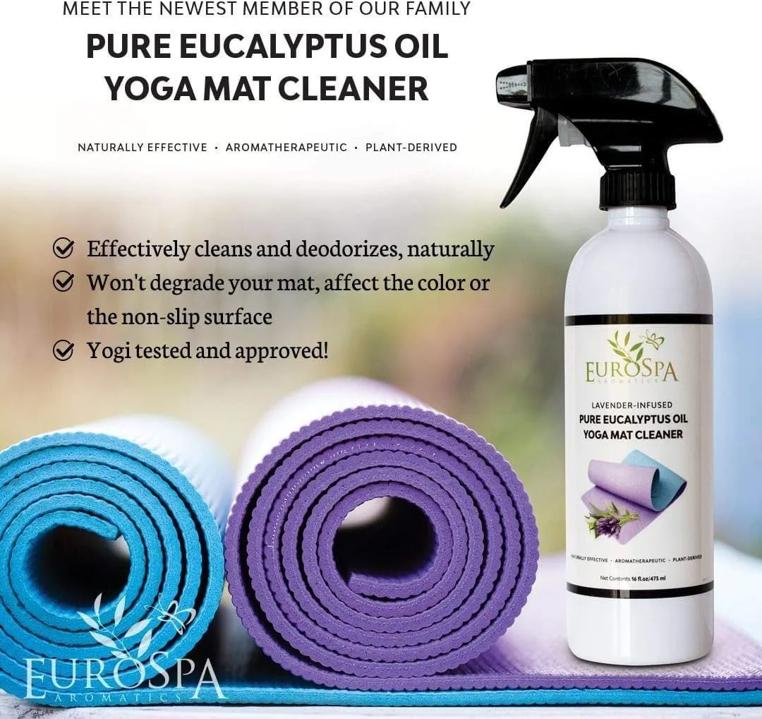 EuroSpa Aromatics Lavender Infused Pure Eucalyptus Oil Yoga Mat Cleaner & Deodorizer, Plant-Derived- Premium Aromatherapeutic & Relaxing Essential Oil Spray - 2oz