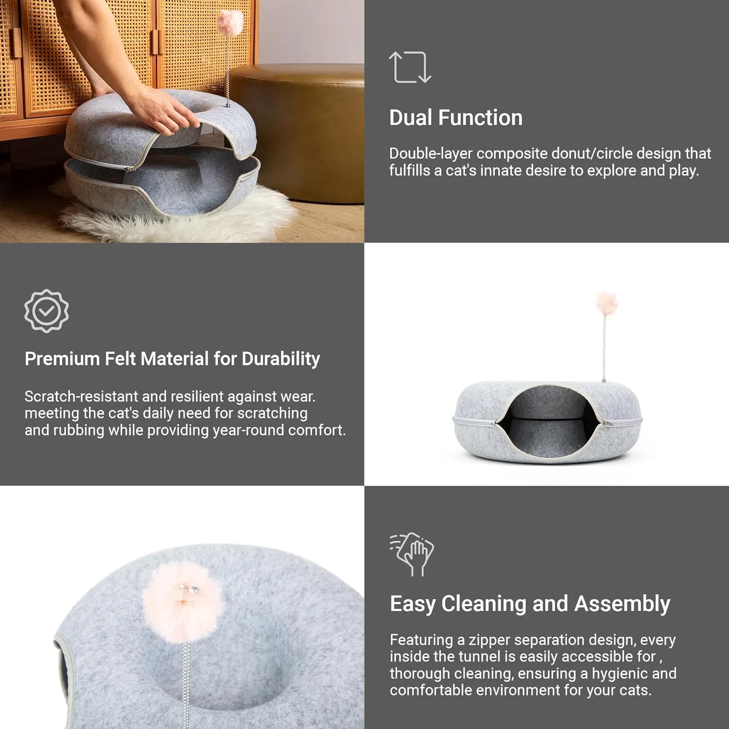 Feline Paradise Donut Cat Bed, Tunnel, Jia Xi Indoor Hideout, Peekaboo Cave (Light Gray, Medium)