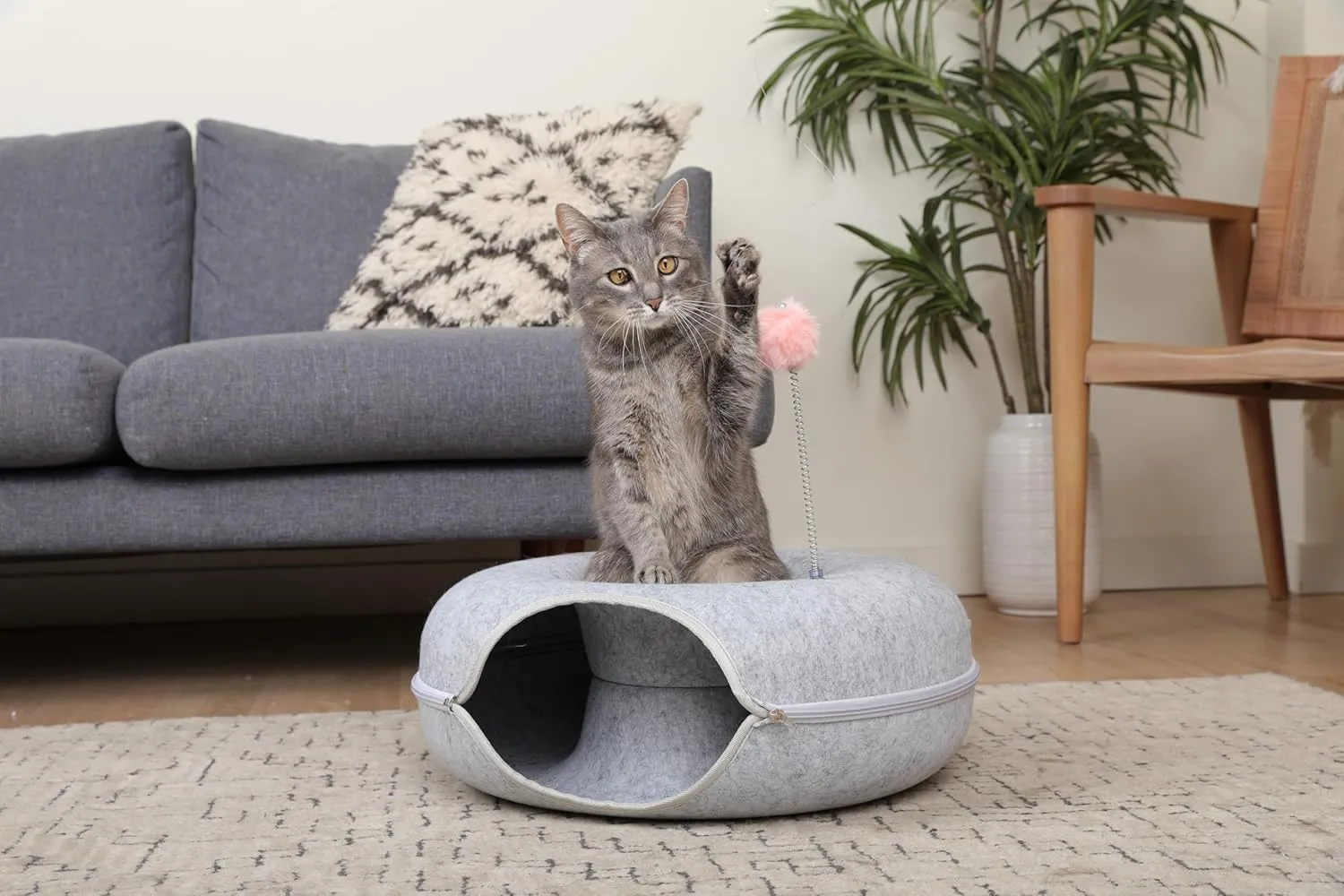 Feline Paradise Donut Cat Bed, Tunnel, Jia Xi Indoor Hideout, Peekaboo Cave (Light Gray, Medium)