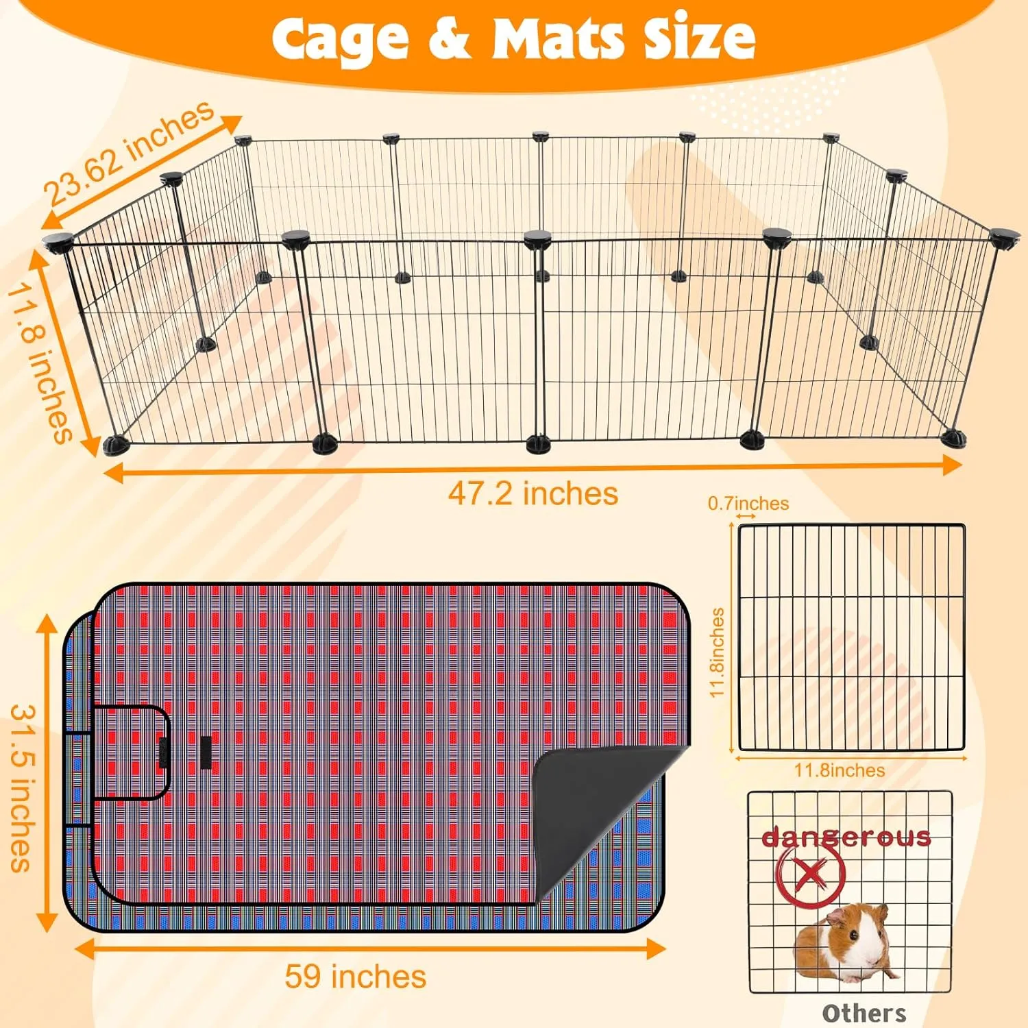 FHTONGE Large Guinea Pig Cage Habitat with 2 Pcs Waterproof Bedding, 8Sq Ft Guinea Pig Playpen with Mat, Metal Small Animal Playpen with Mat for Hamster Hedgehog Dwarf Rabbit (12 x Cage Panels)