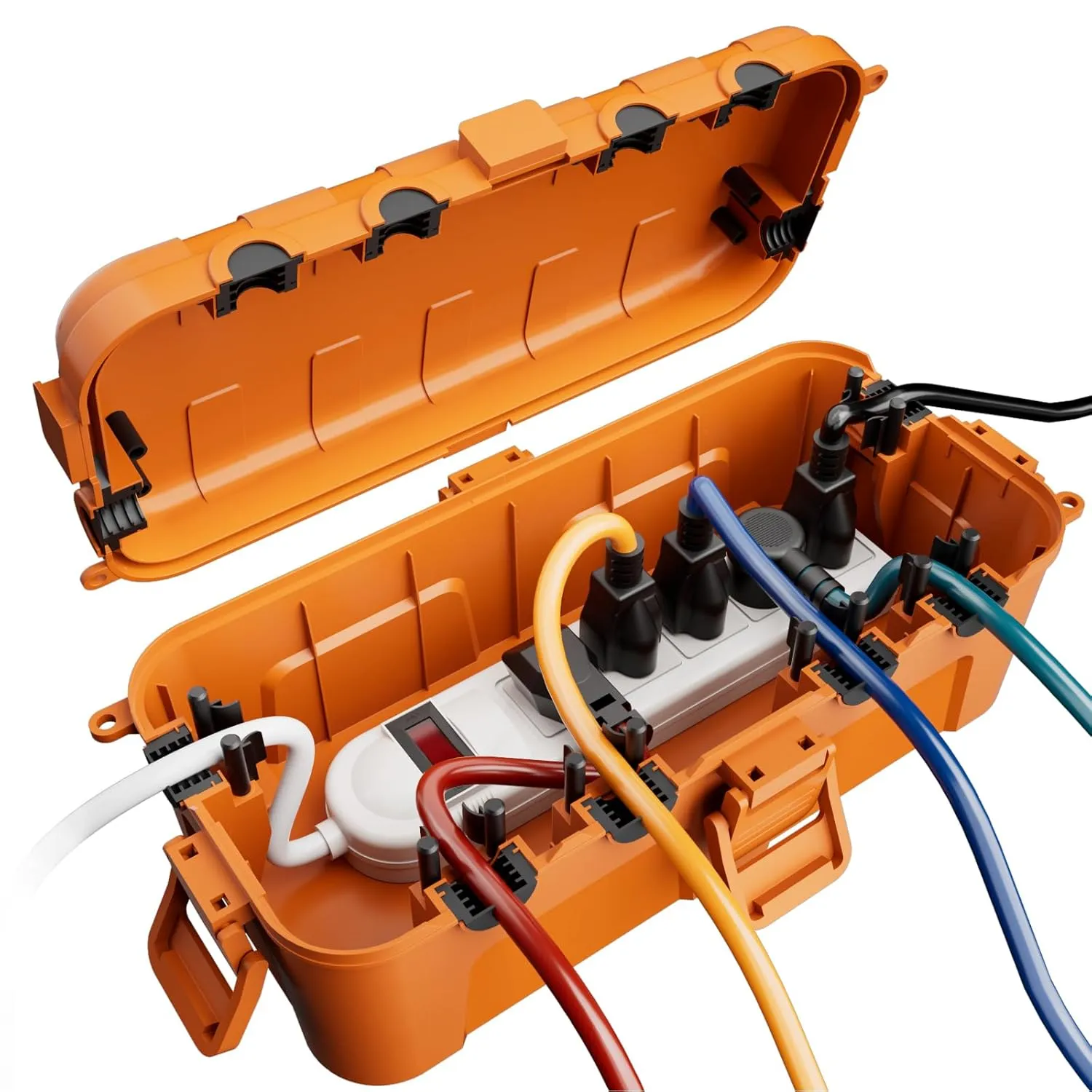 Flemoon Medium Outdoor Electrical Box (11.5x5.2x4 inch), IP54 Waterproof Extension Cord Cover w/6 Cable Entry Ports, Weatherproof Connection Box for Power Strip, Timer, Holiday Lights, Orange