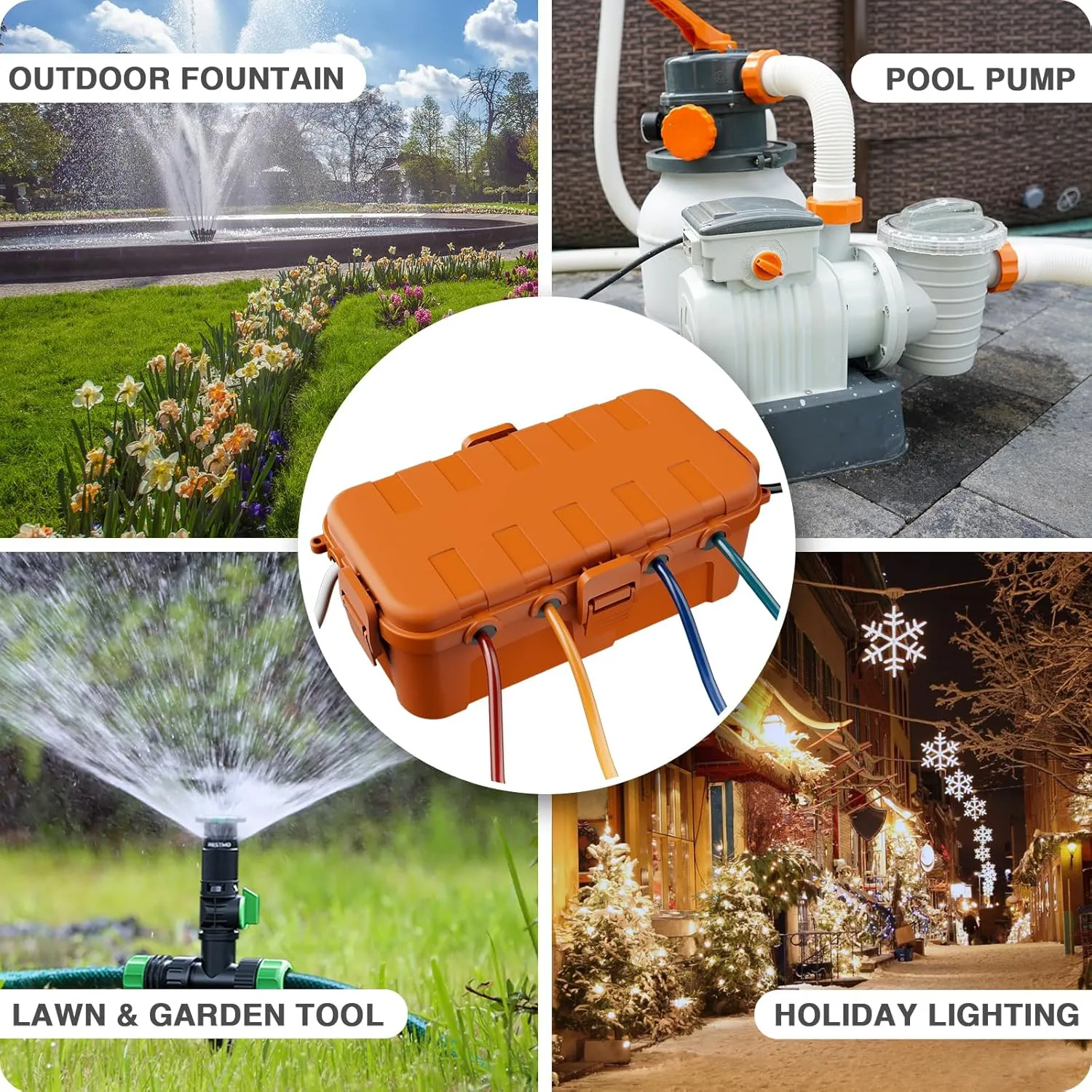 Flemoon Medium Outdoor Electrical Box (11.5x5.2x4 inch), IP54 Waterproof Extension Cord Cover w/6 Cable Entry Ports, Weatherproof Connection Box for Power Strip, Timer, Holiday Lights, Orange