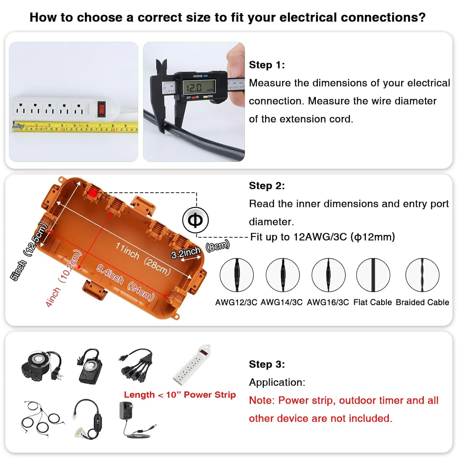 Flemoon Medium Outdoor Electrical Box (11.5x5.2x4 inch), IP54 Waterproof Extension Cord Cover w/6 Cable Entry Ports, Weatherproof Connection Box for Power Strip, Timer, Holiday Lights, Orange