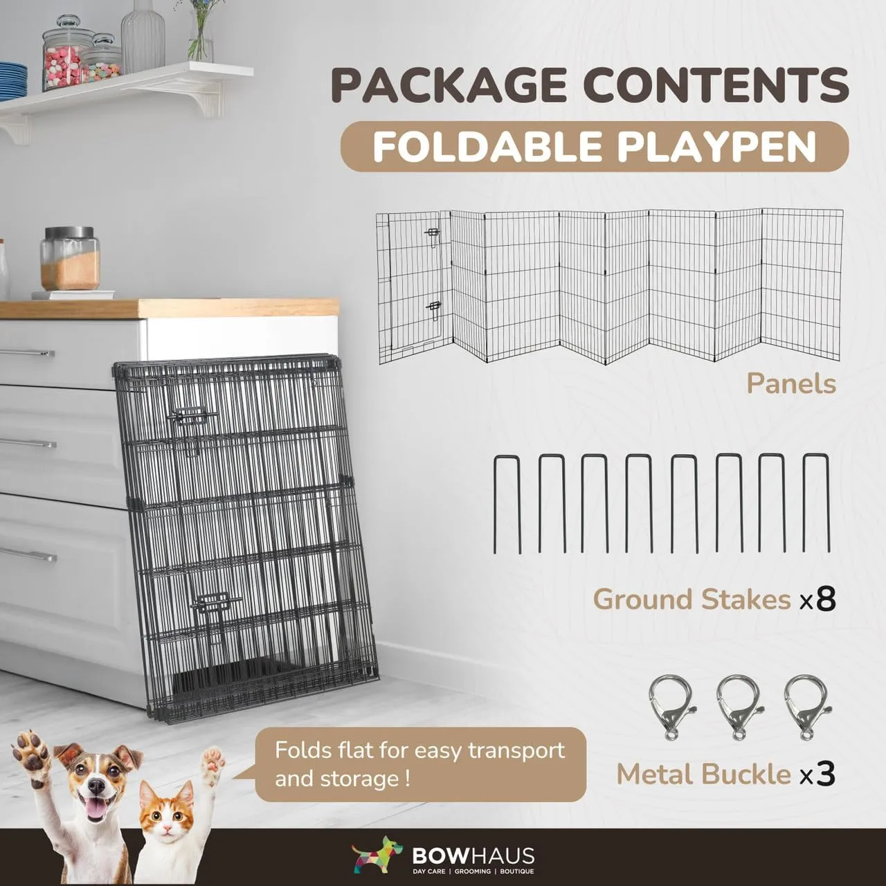 Foldable Outdoor/Indoor Pet Playpen with Gate, Available in 30 Inch Height Metal Portable Kennel, Heavy-Duty Exercise Fence Cage 8 Panels for Medium Dog, Animals