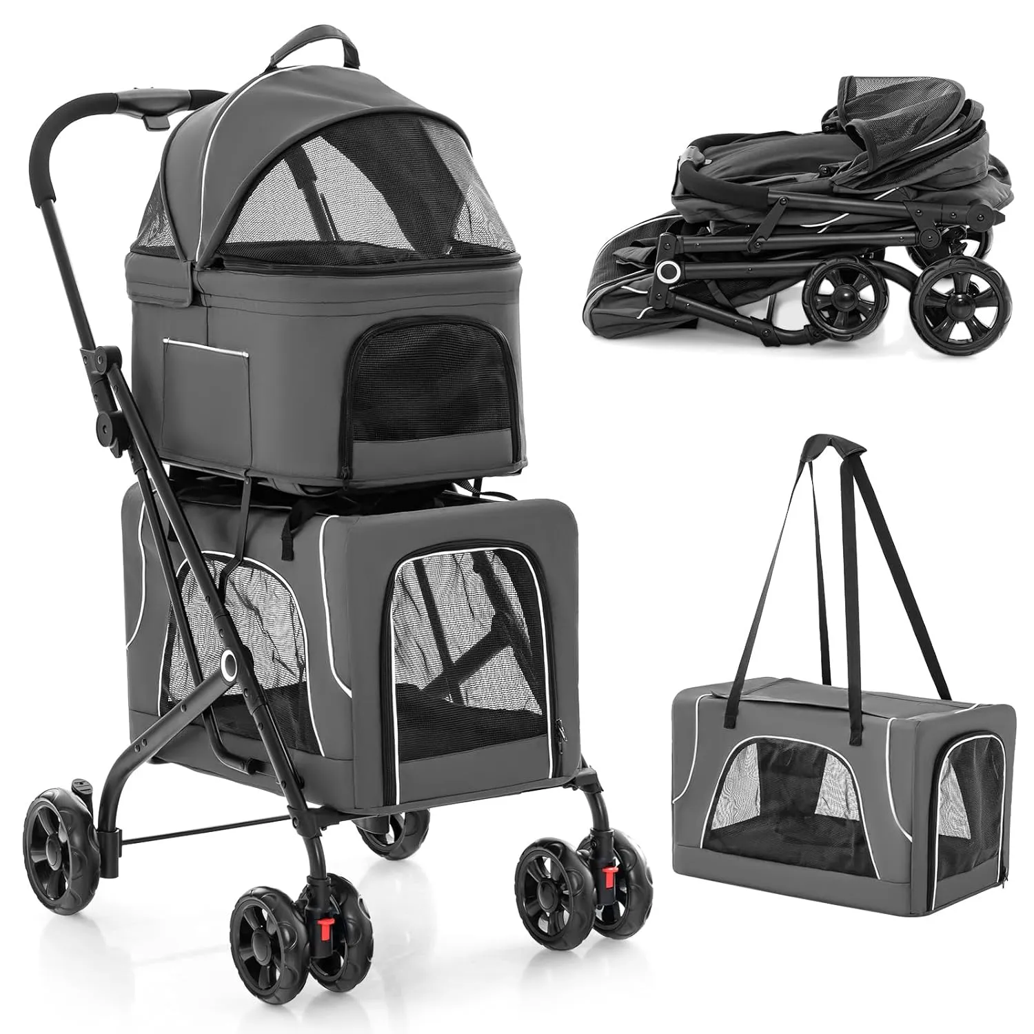 Foldable Pet Stroller, Removable Dog Stroller with 2 Front Universal Wheels, All Terrain Travel Cat Storage Bag with 2 Braked Rear Wheels, Pet Safety Seat, Gray