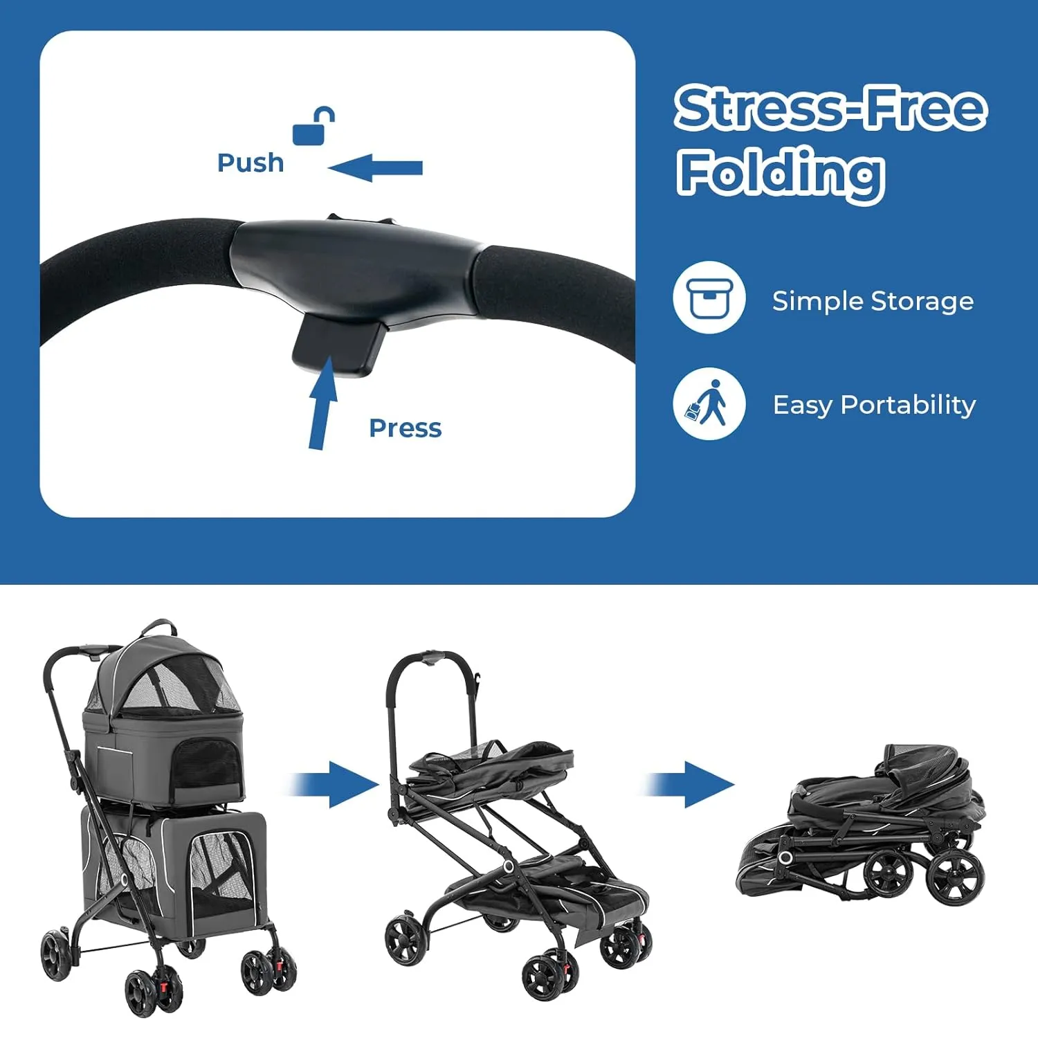 Foldable Pet Stroller, Removable Dog Stroller with 2 Front Universal Wheels, All Terrain Travel Cat Storage Bag with 2 Braked Rear Wheels, Pet Safety Seat, Gray