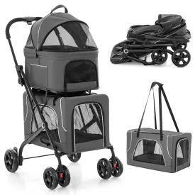 Foldable Pet Stroller, Removable Dog Stroller with 2 Front Universal Wheels, All Terrain Travel Cat Storage Bag with 2 Braked Rear Wheels, Pet Safety Seat, Gray