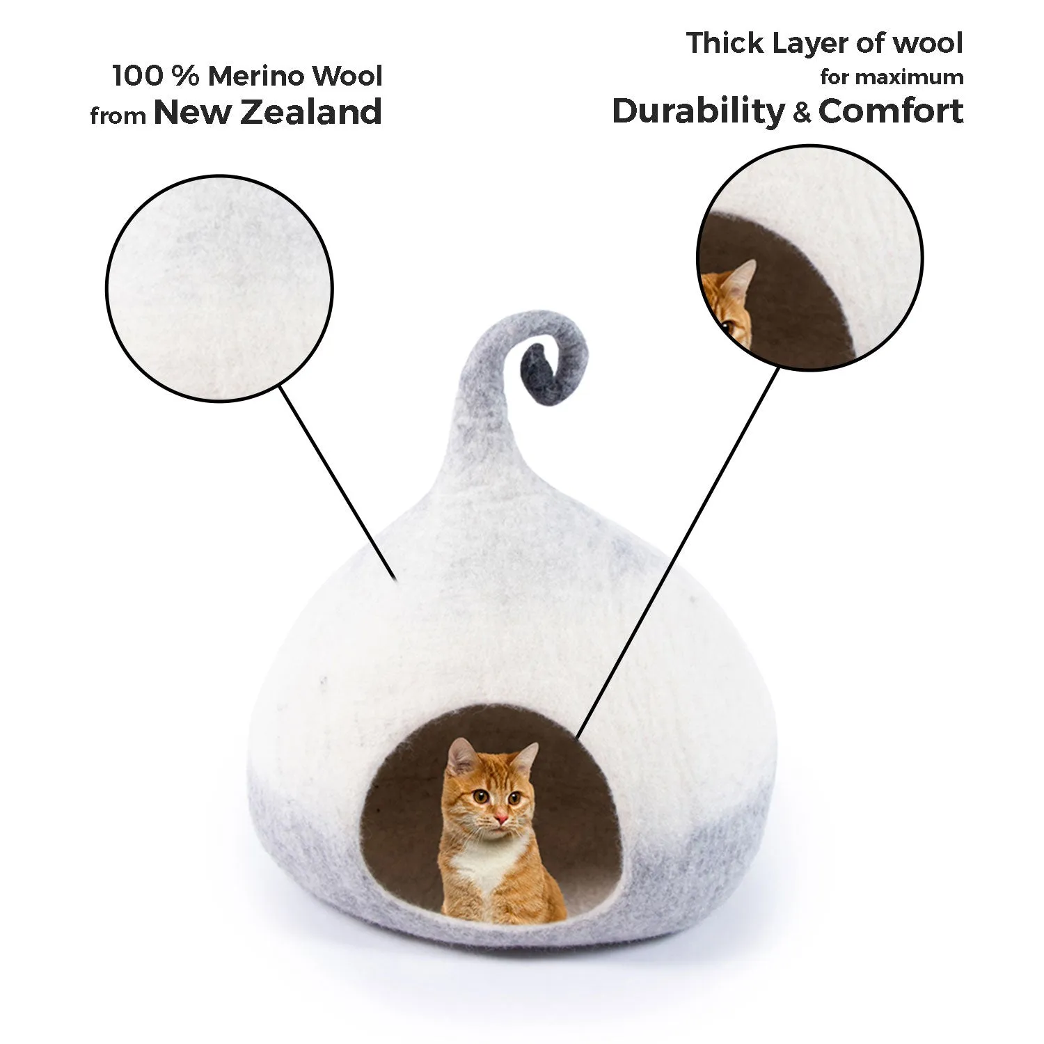 Handmade natural wool felt cat cave bed