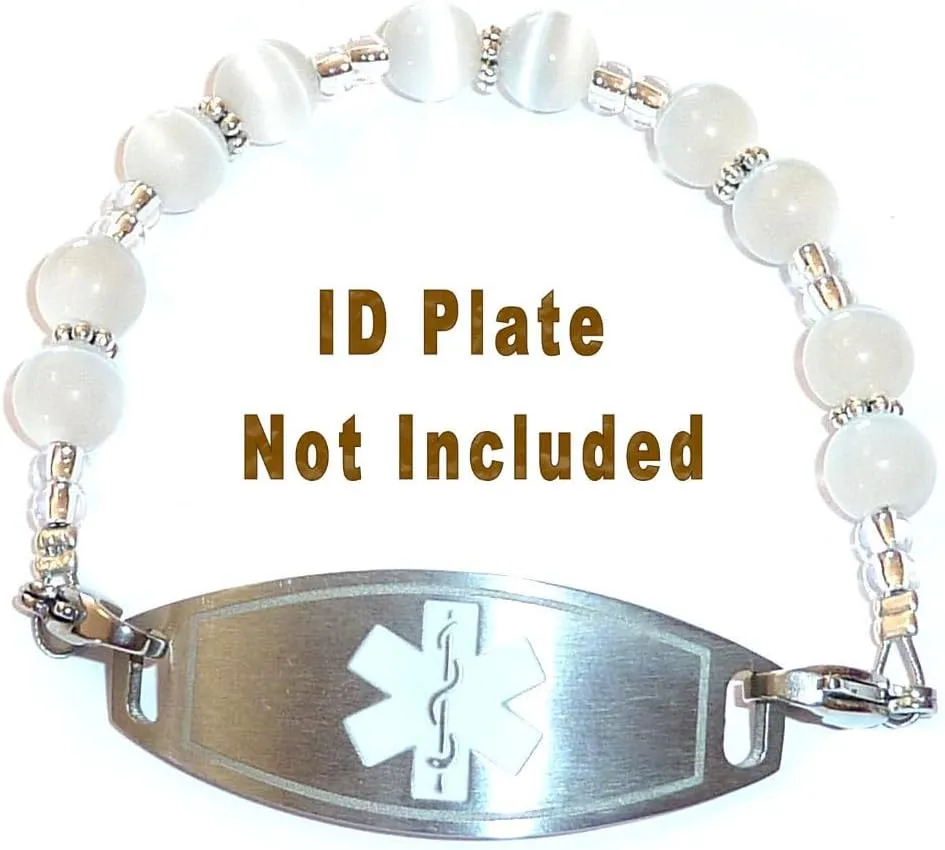 Hidden Hollow Beads Women's 6.5 or 5.5 inch Medical Alert ID Interchangeable Replacement Bracelet, Identification vital info tag (White, 6.5 Inches)