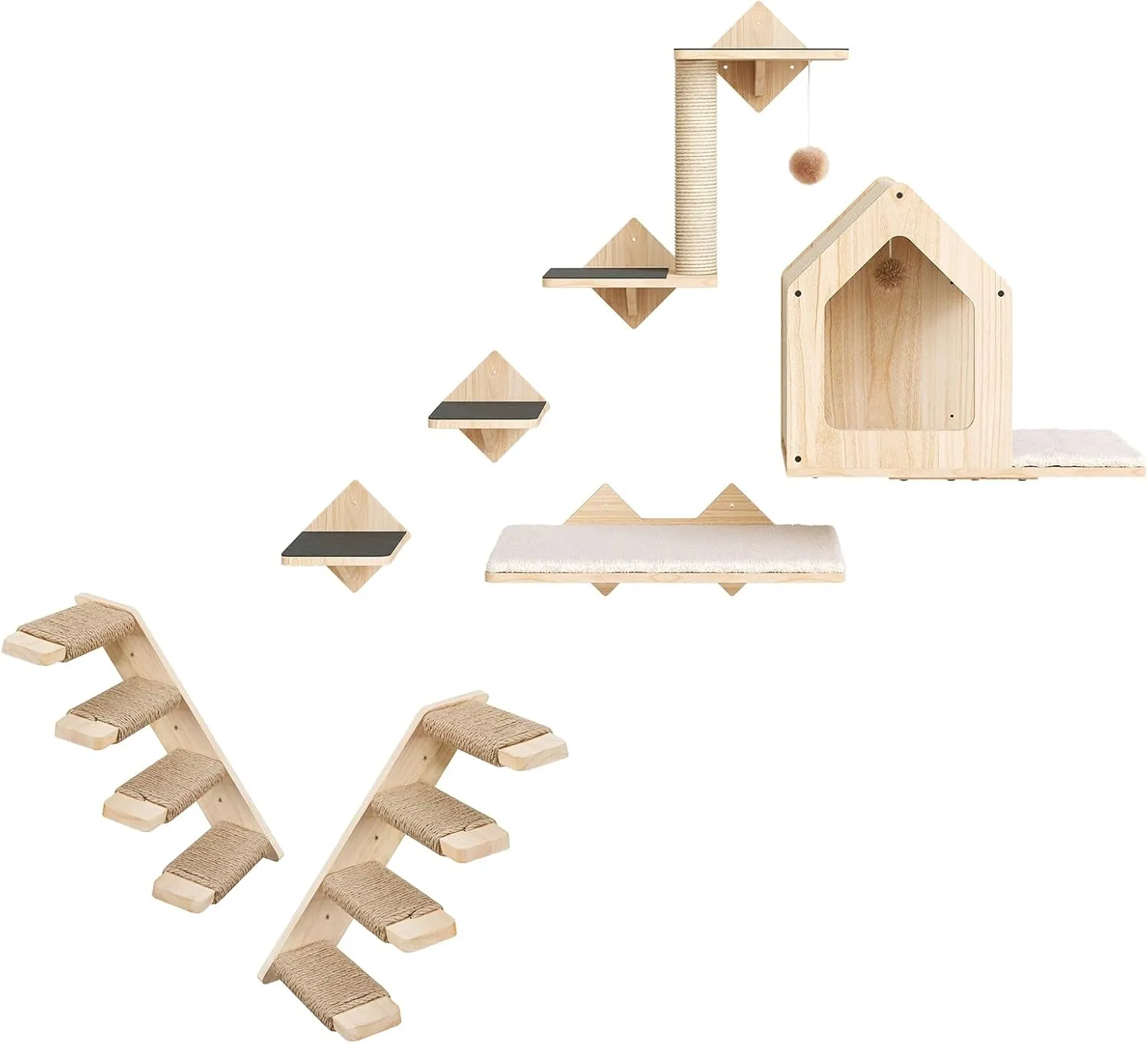 HOOBRO Wood Cat Wall Shelves, Cat Wall Mounted Furniture, Climbing Shelves with House, Steps, Scratching Post, Perch, Sturdy and Anti-Slip, Natural NL43CS03G1-NL42CS03