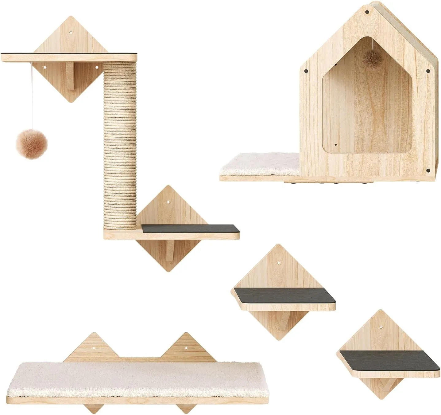 HOOBRO Wood Cat Wall Shelves, Set of 5 Cat Wall Mounted Furniture, Climbing Shelves with House, Steps, Scratching Post, Perch, Sturdy and Anti-Slip, Natural NL43CS03G1