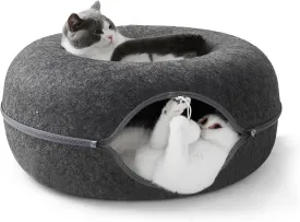 Jia Xi Indoor Cat Hideout Tunnel Bed - Donut Cat Condo and Cave - Dark Grey (20 in * 20 in * 8 in)