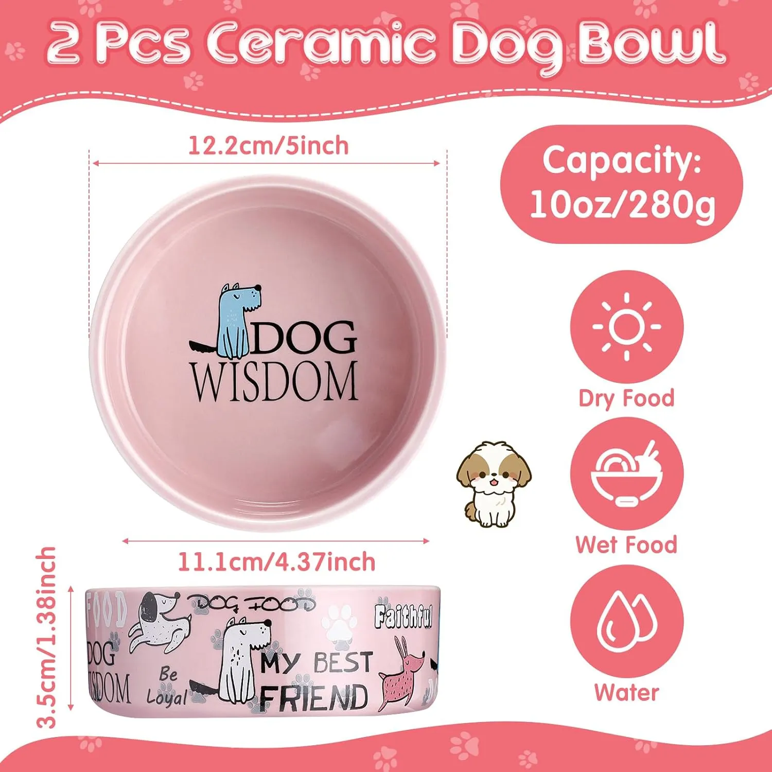 Maxcheck 2 Pcs 5 Inch Ceramic Dog Bowls Dishes for Small Dogs Cute Cartoon Pattern Puppy Cat Bowls Heavy Food Water Dishes for Pets Feeding Travel, Dishwasher Safe Microwave Safe(Pink)