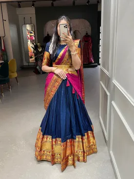 Navy Blue Color Zari Weaving Work Narayan Pet Cotton Half Saree Lehenga Choli