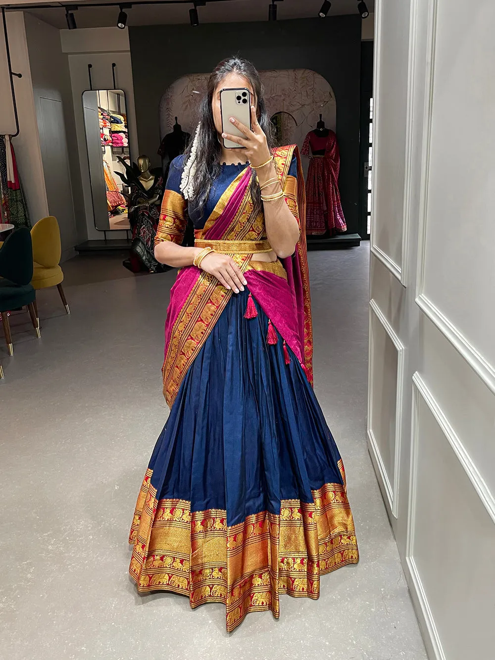 Navy Blue Color Zari Weaving Work Narayan Pet Cotton Half Saree Lehenga Choli
