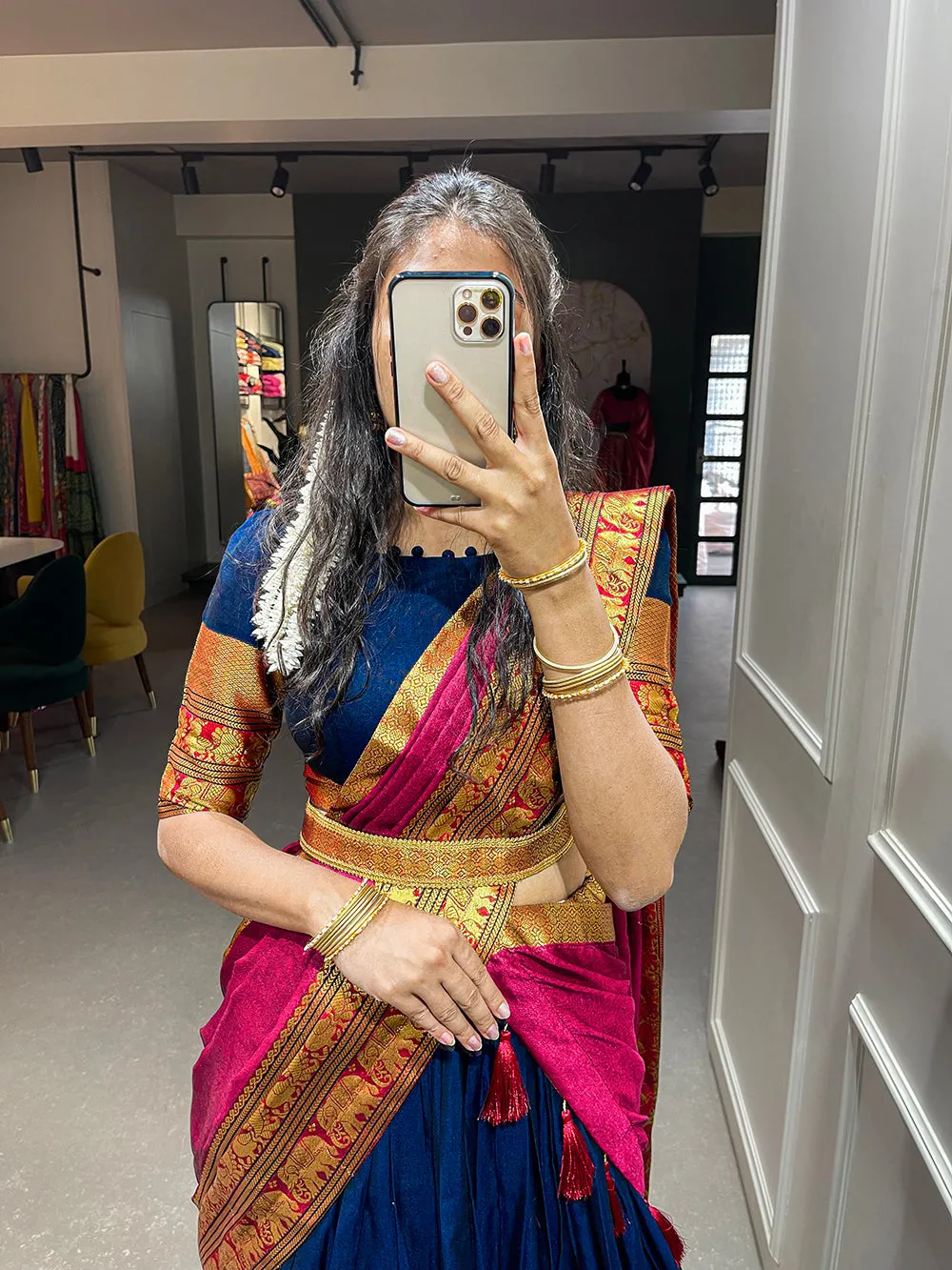 Navy Blue Color Zari Weaving Work Narayan Pet Cotton Half Saree Lehenga Choli