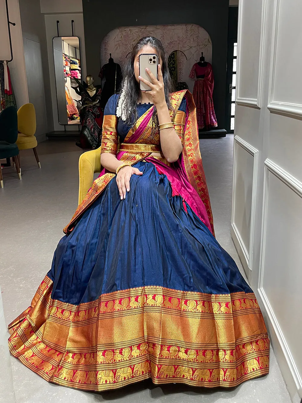 Navy Blue Color Zari Weaving Work Narayan Pet Cotton Half Saree Lehenga Choli
