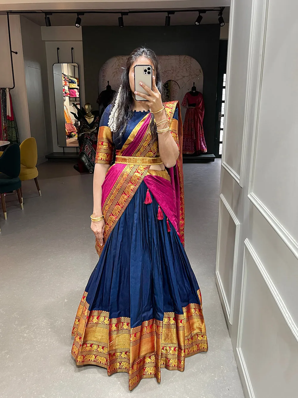 Navy Blue Color Zari Weaving Work Narayan Pet Cotton Half Saree Lehenga Choli