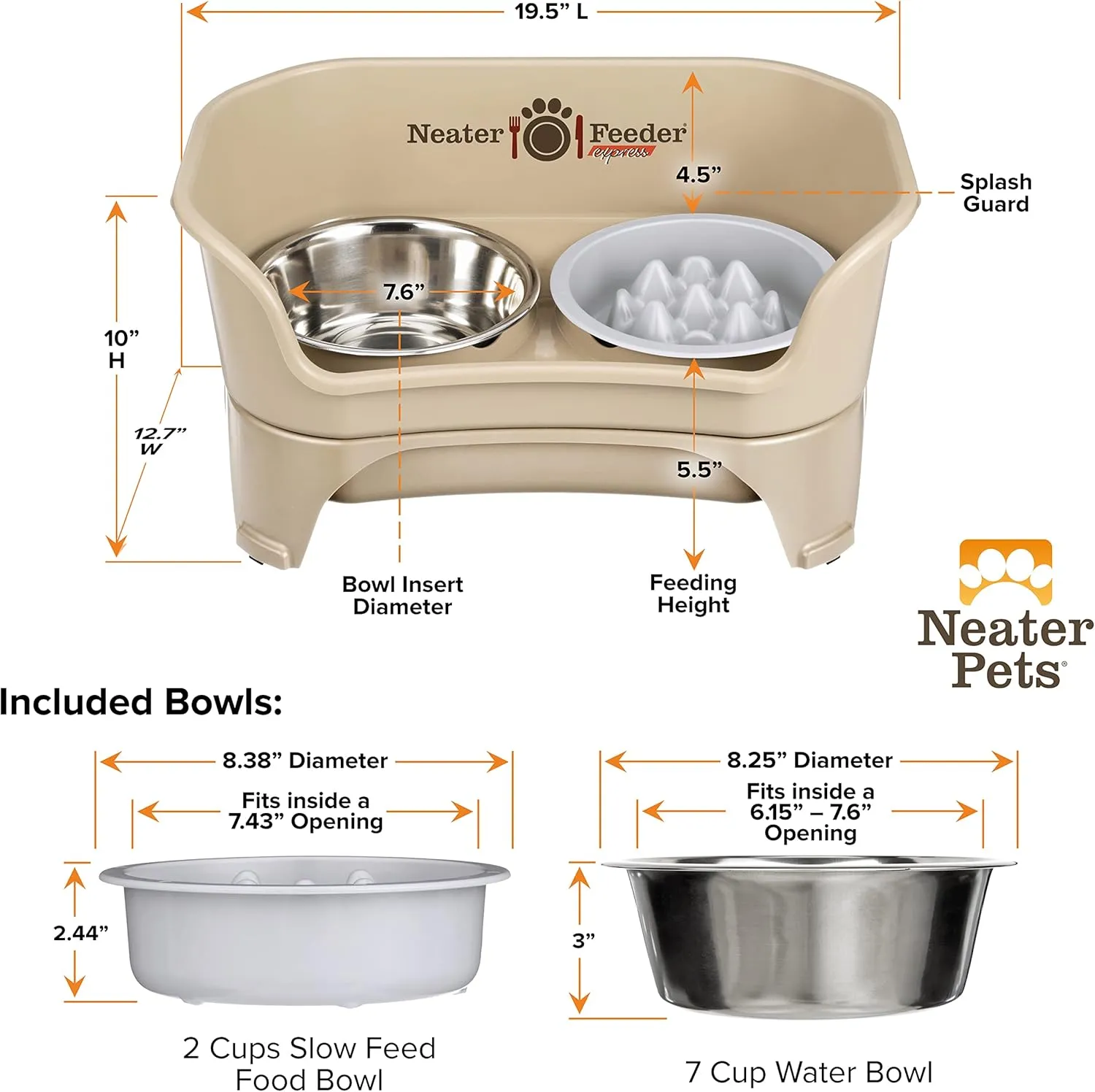 Neater Feeder Express Mess Proof Dog Bowls Elevated for Medium and Large Breed  Made in USA  No Spill Raised Slow Feeder Elevated Dog Bowl Stand, Slow Feed Food and Water Bowl Set, Almond