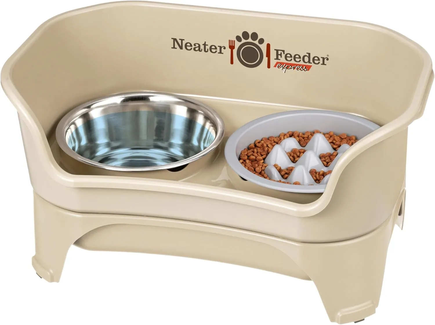 Neater Feeder Express Mess Proof Dog Bowls Elevated for Medium and Large Breed  Made in USA  No Spill Raised Slow Feeder Elevated Dog Bowl Stand, Slow Feed Food and Water Bowl Set, Almond
