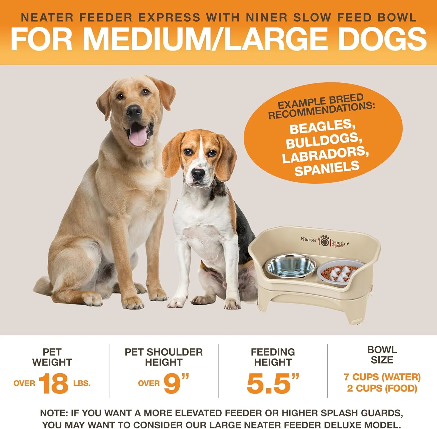 Neater Feeder Express Mess Proof Dog Bowls Elevated for Medium and Large Breed  Made in USA  No Spill Raised Slow Feeder Elevated Dog Bowl Stand, Slow Feed Food and Water Bowl Set, Almond