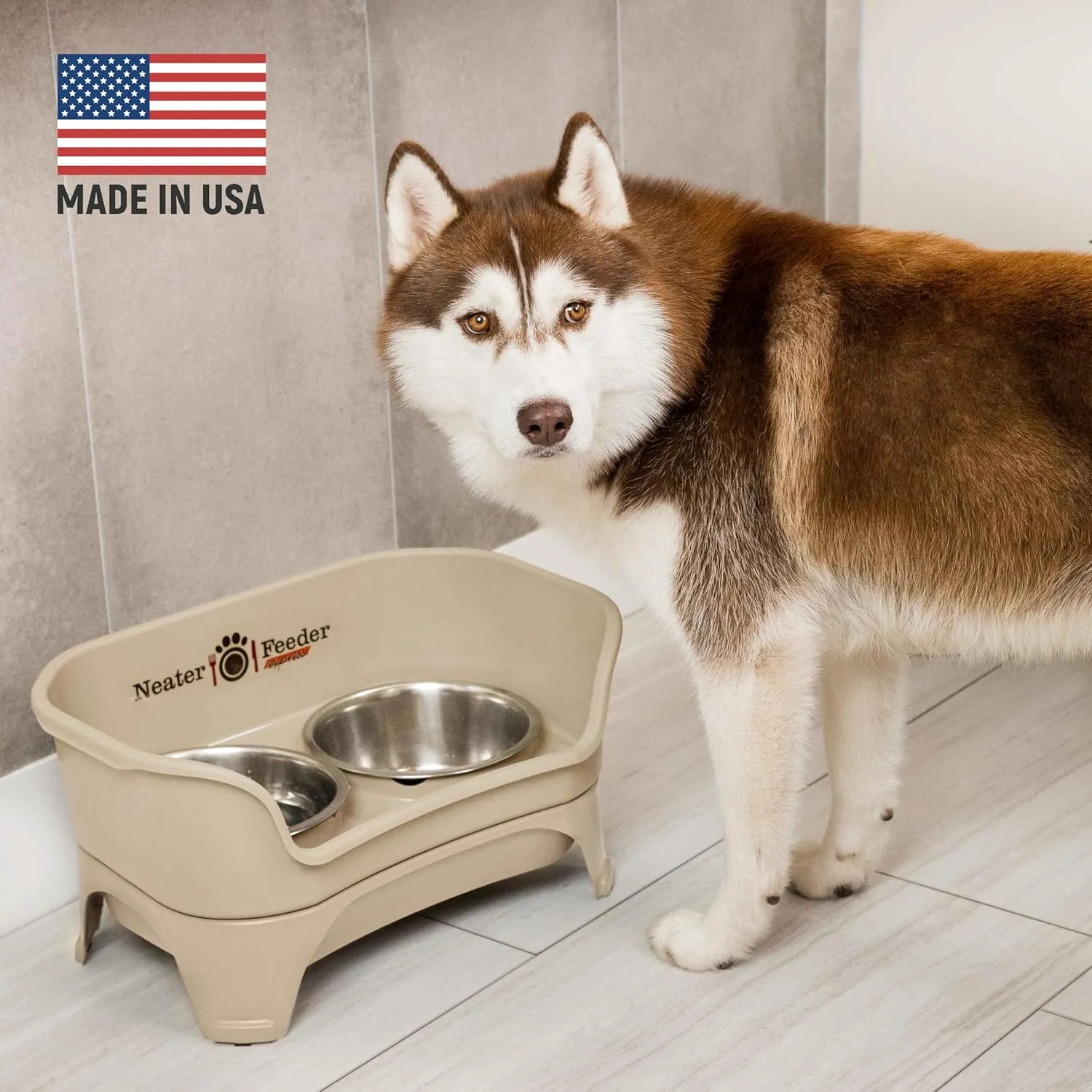 Neater Feeder Express Mess Proof Dog Bowls Elevated for Medium and Large Breed  Made in USA  No Spill Raised Slow Feeder Elevated Dog Bowl Stand, Slow Feed Food and Water Bowl Set, Almond